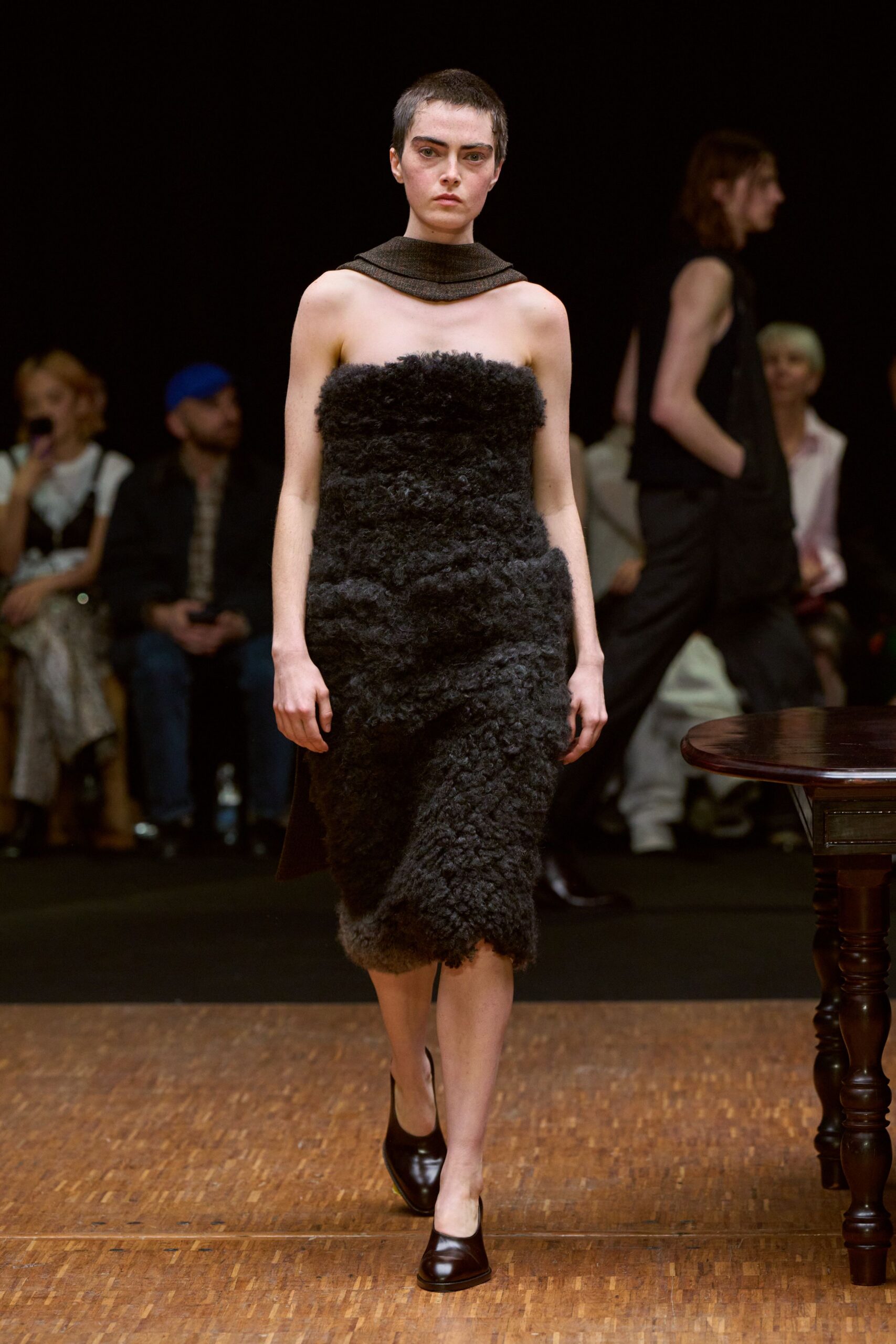 black wool fitted midi dress