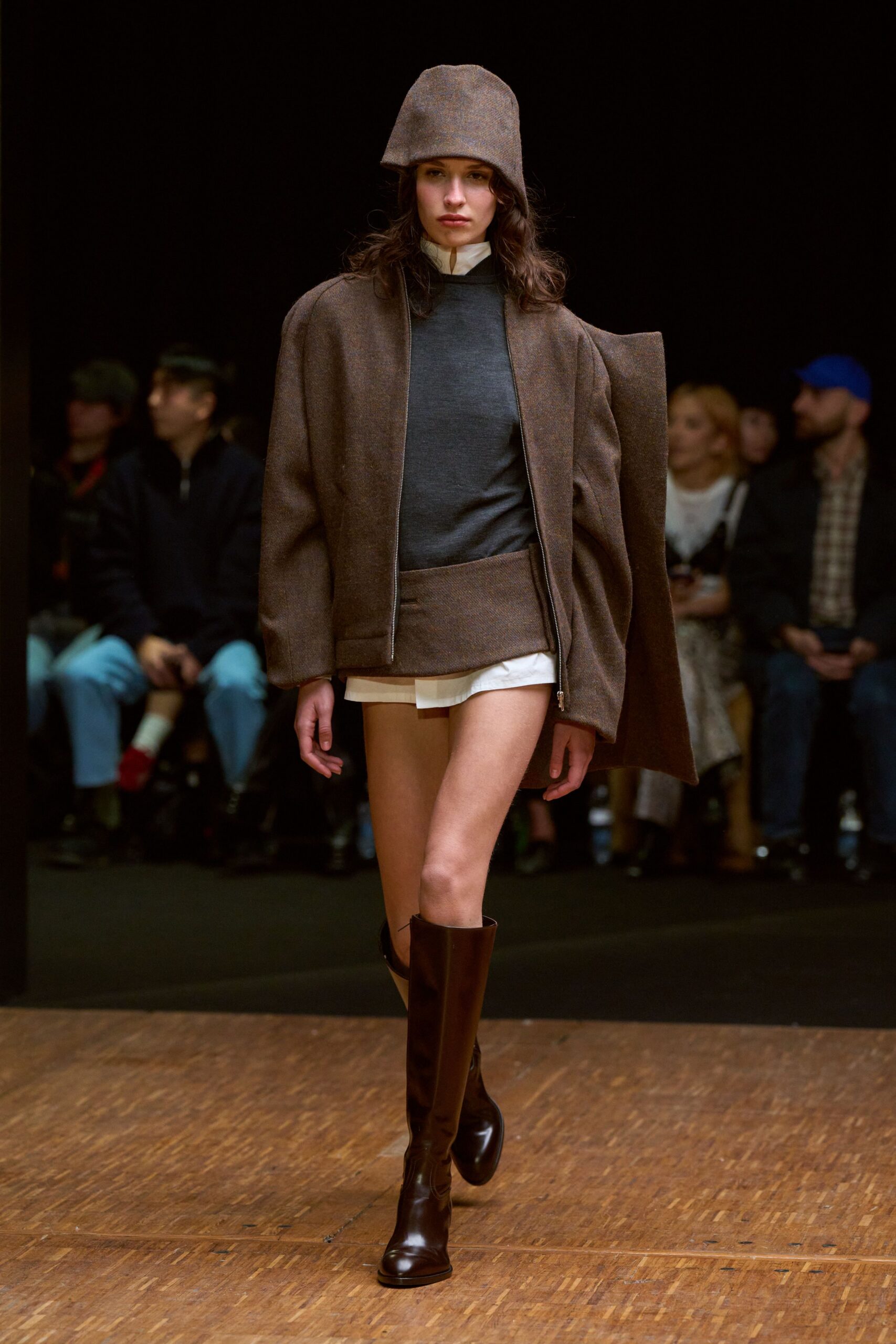 brown wool coat with gray top
