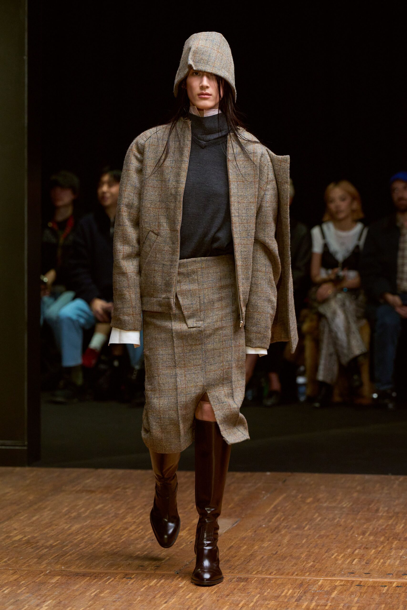 brown checked blazer and skirt