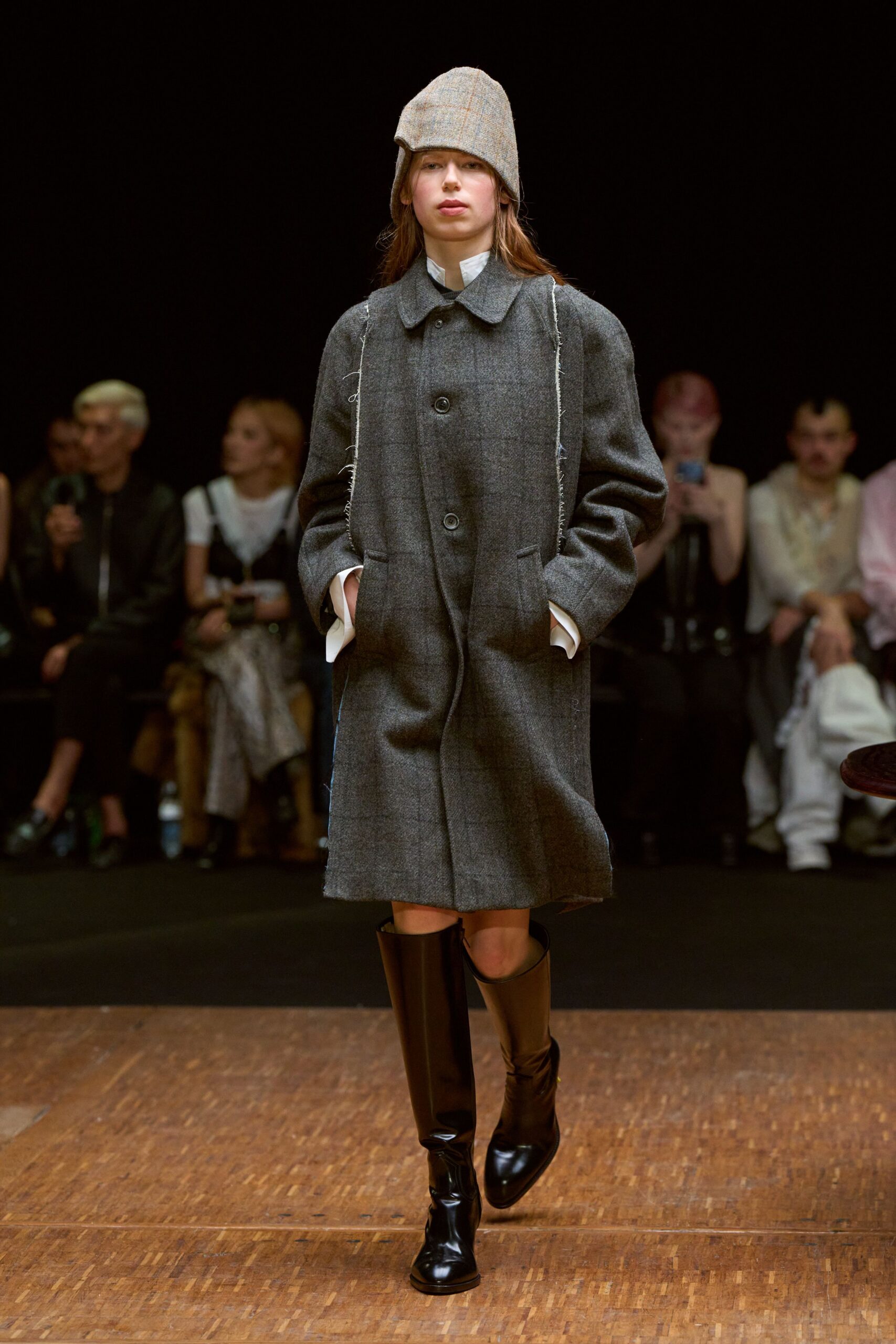 gray wool coat with black boots