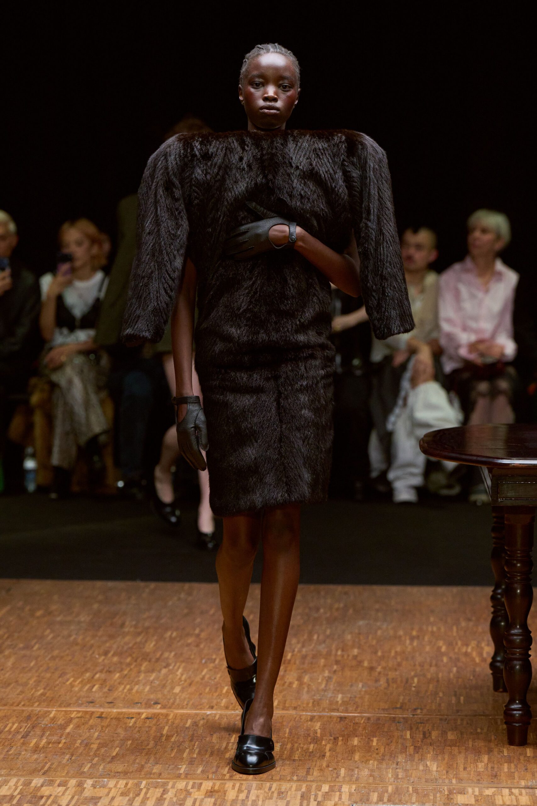 black fur midi dress with gloves