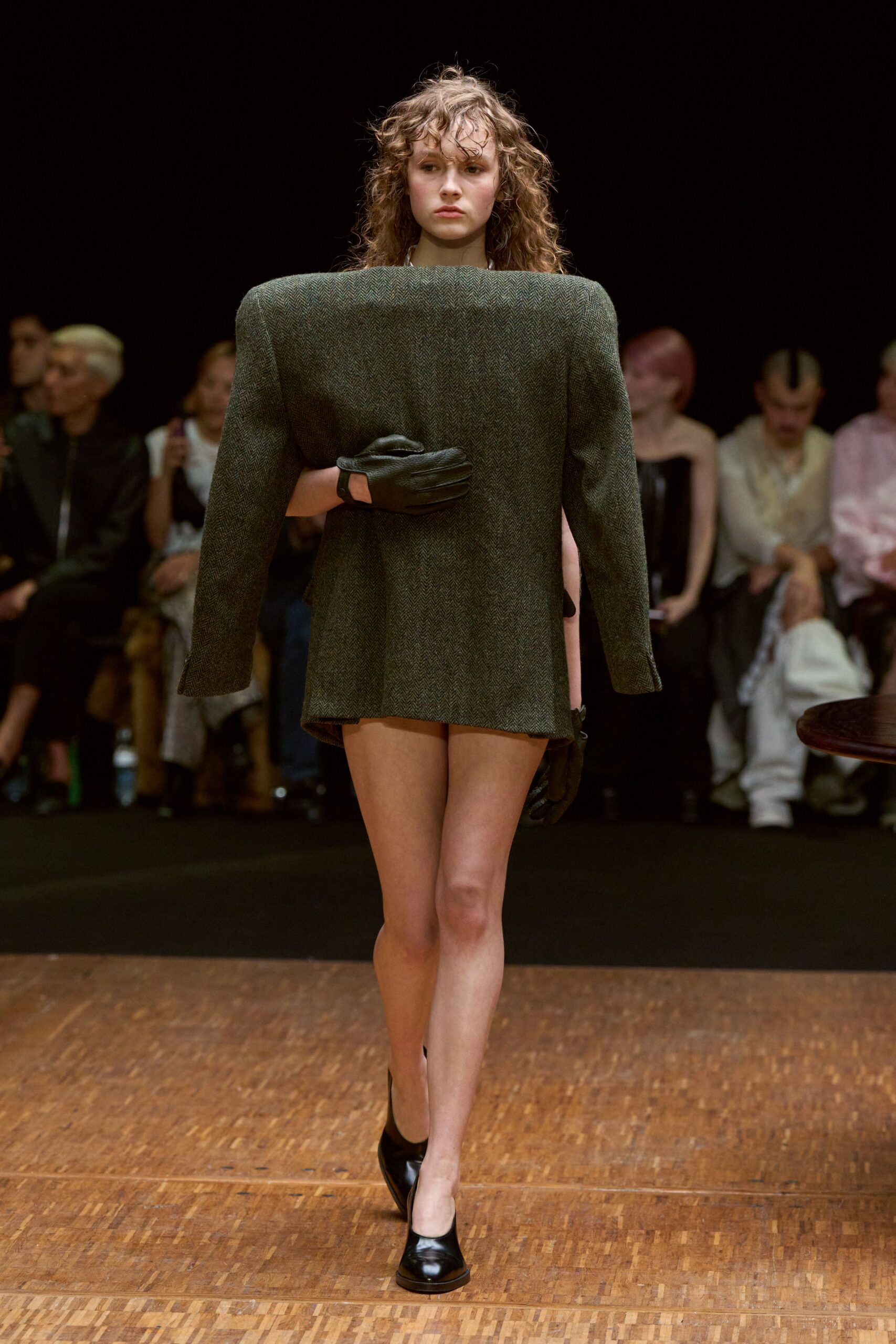gray structured jacket black mini dress