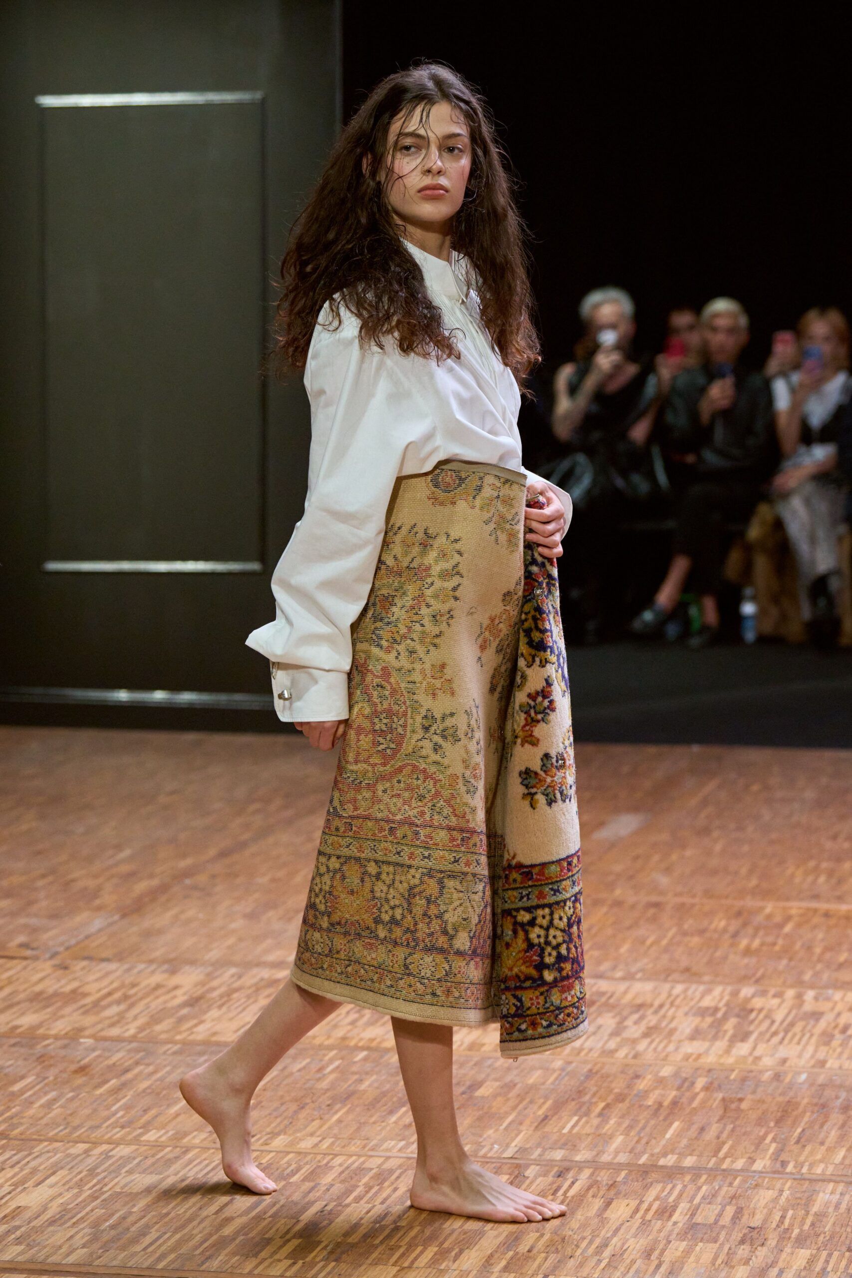 white shirt and beige flared skirt