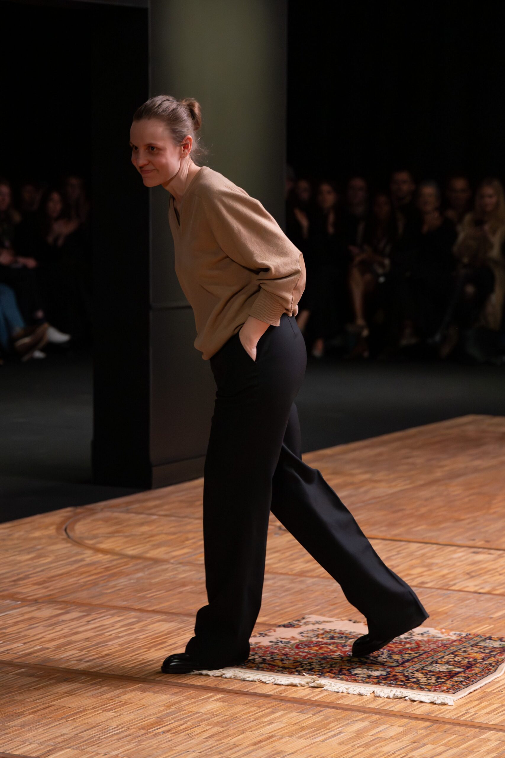 beige wool top and black pants