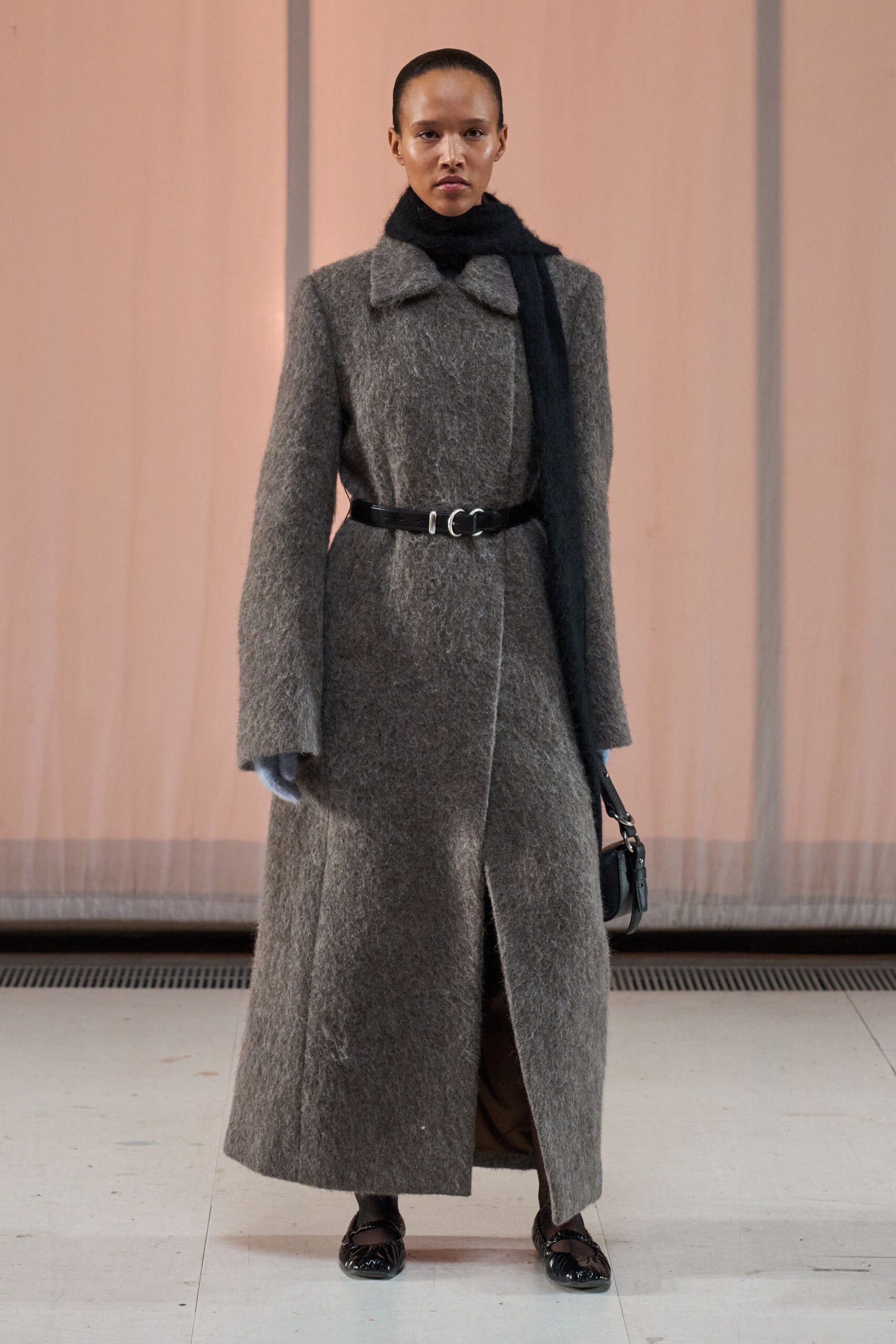 gray wool coat with black scarf