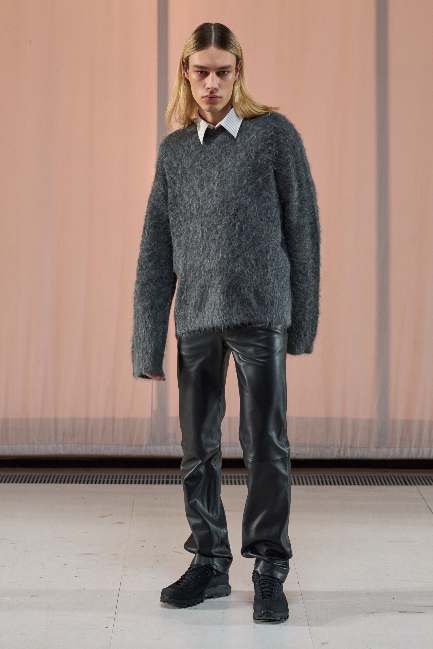 gray wool long-sleeve v-neck relaxed sweater