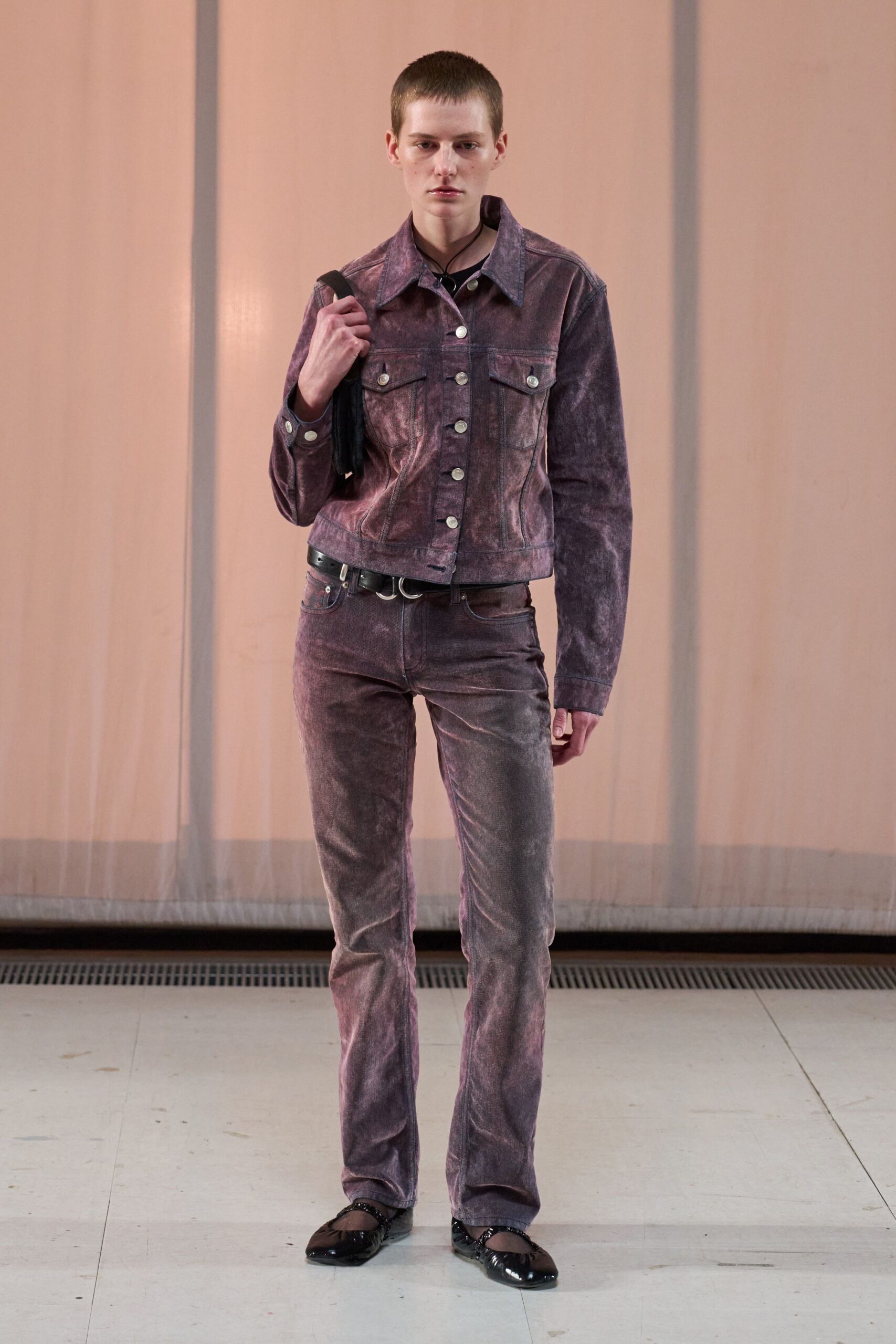 purple velvet fitted straight-leg pants