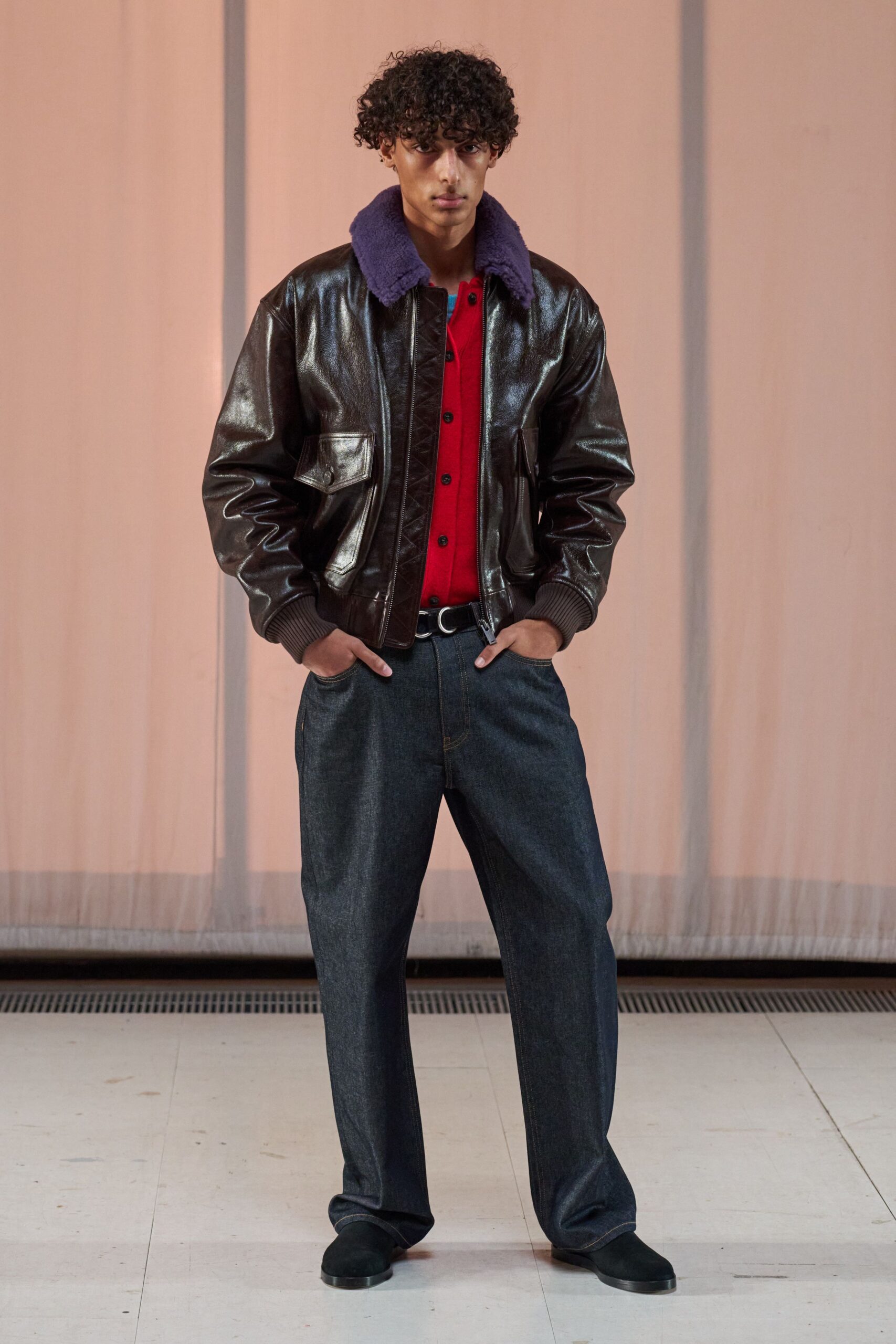 brown leather long-sleeve collared relaxed jacket