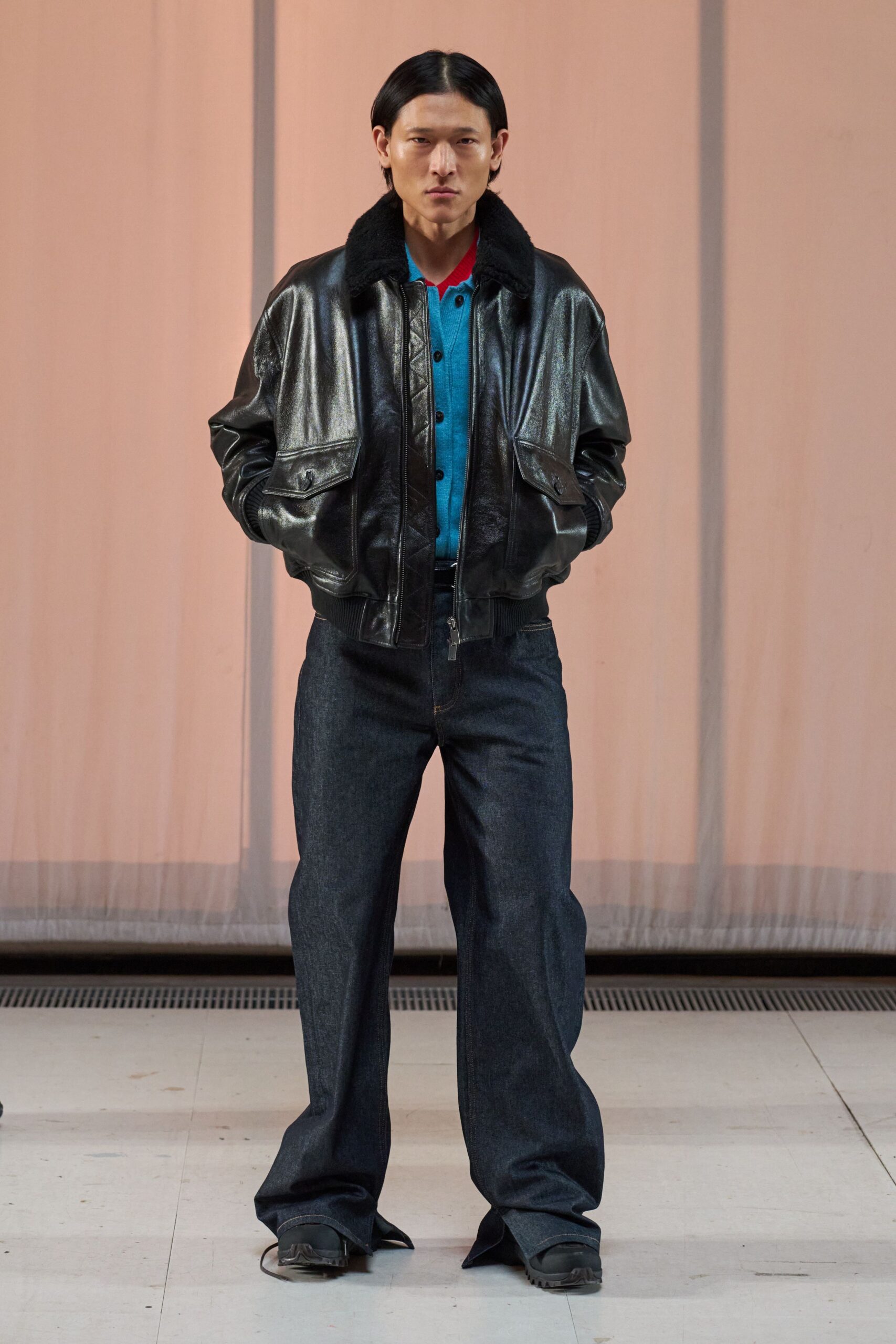 black leather jacket with blue shirt