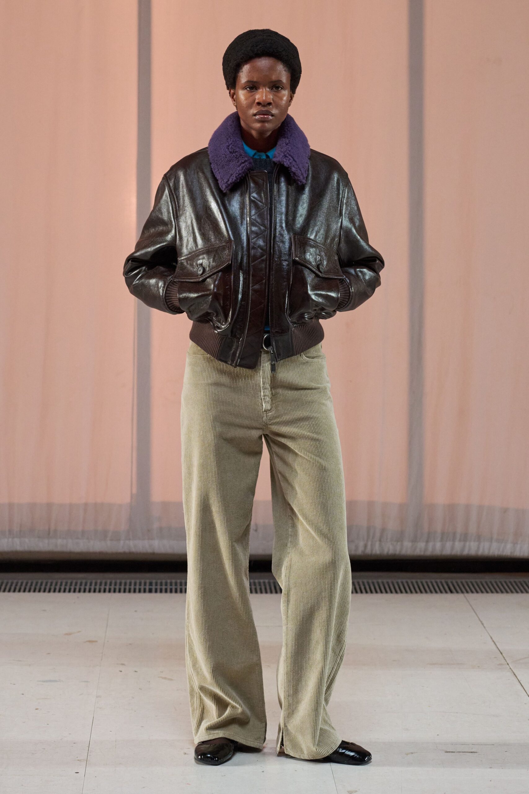 brown leather long-sleeve collared fitted jacket