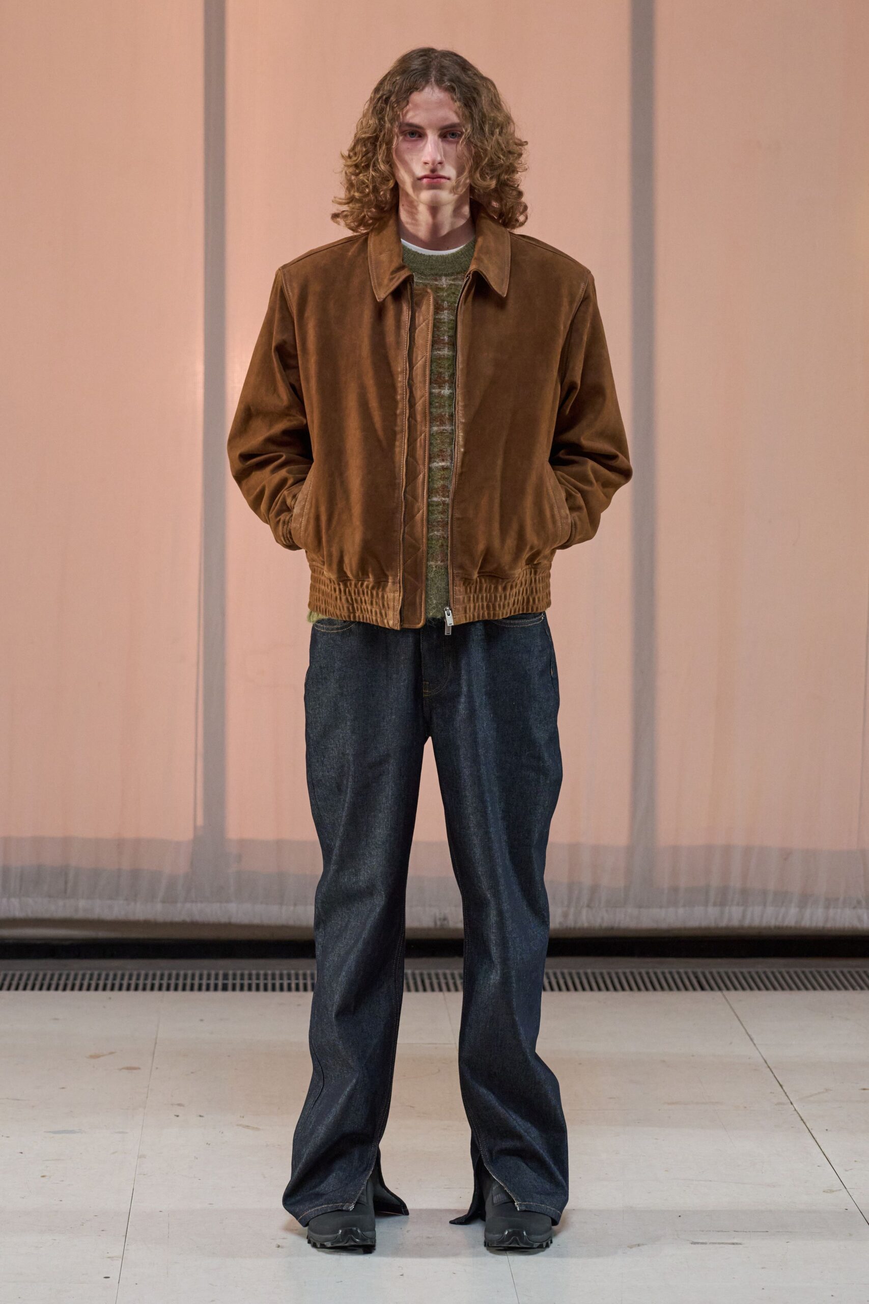 brown suede long-sleeve collared relaxed jacket
