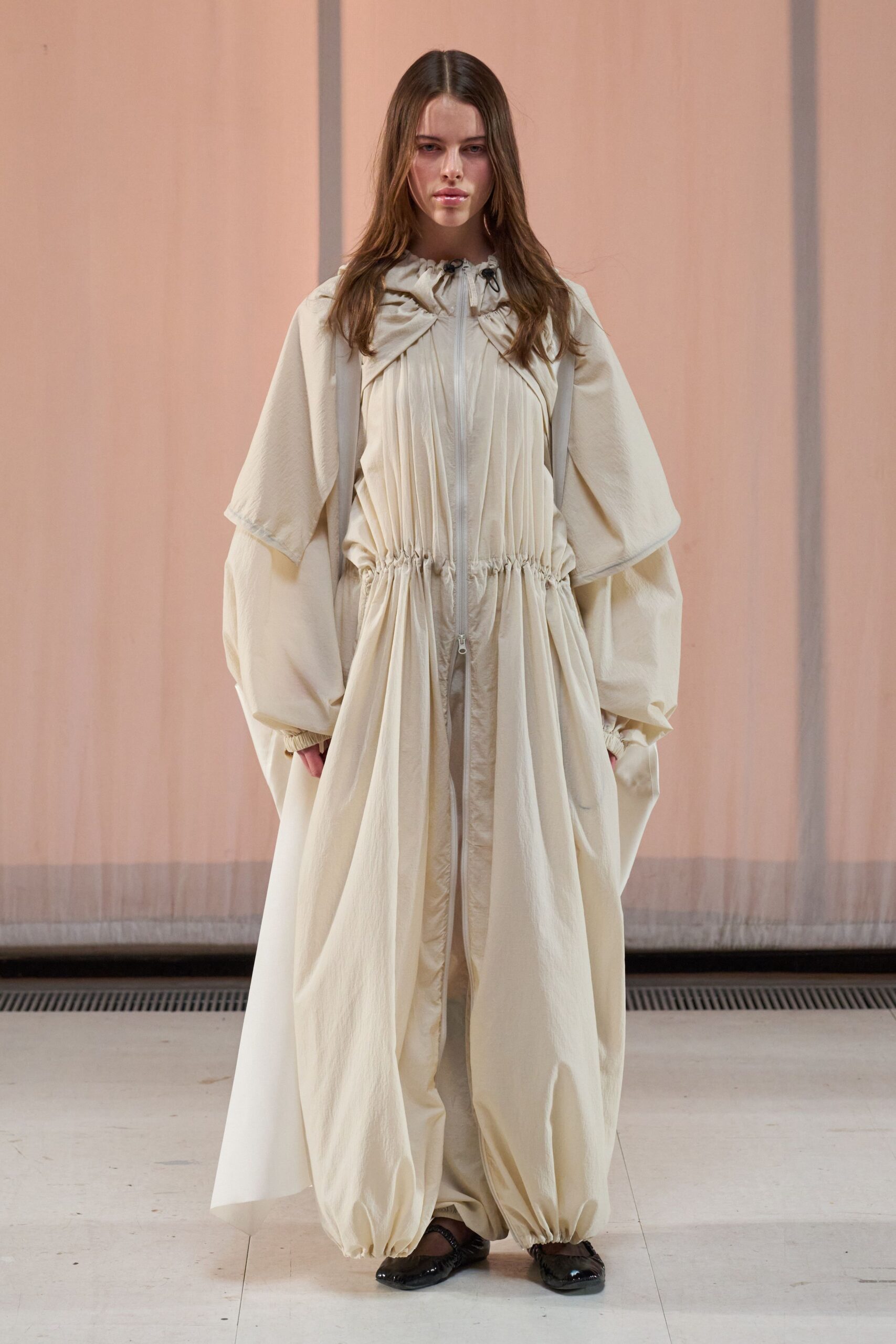 white cotton long-sleeve hooded relaxed zippered pleated jumpsuit