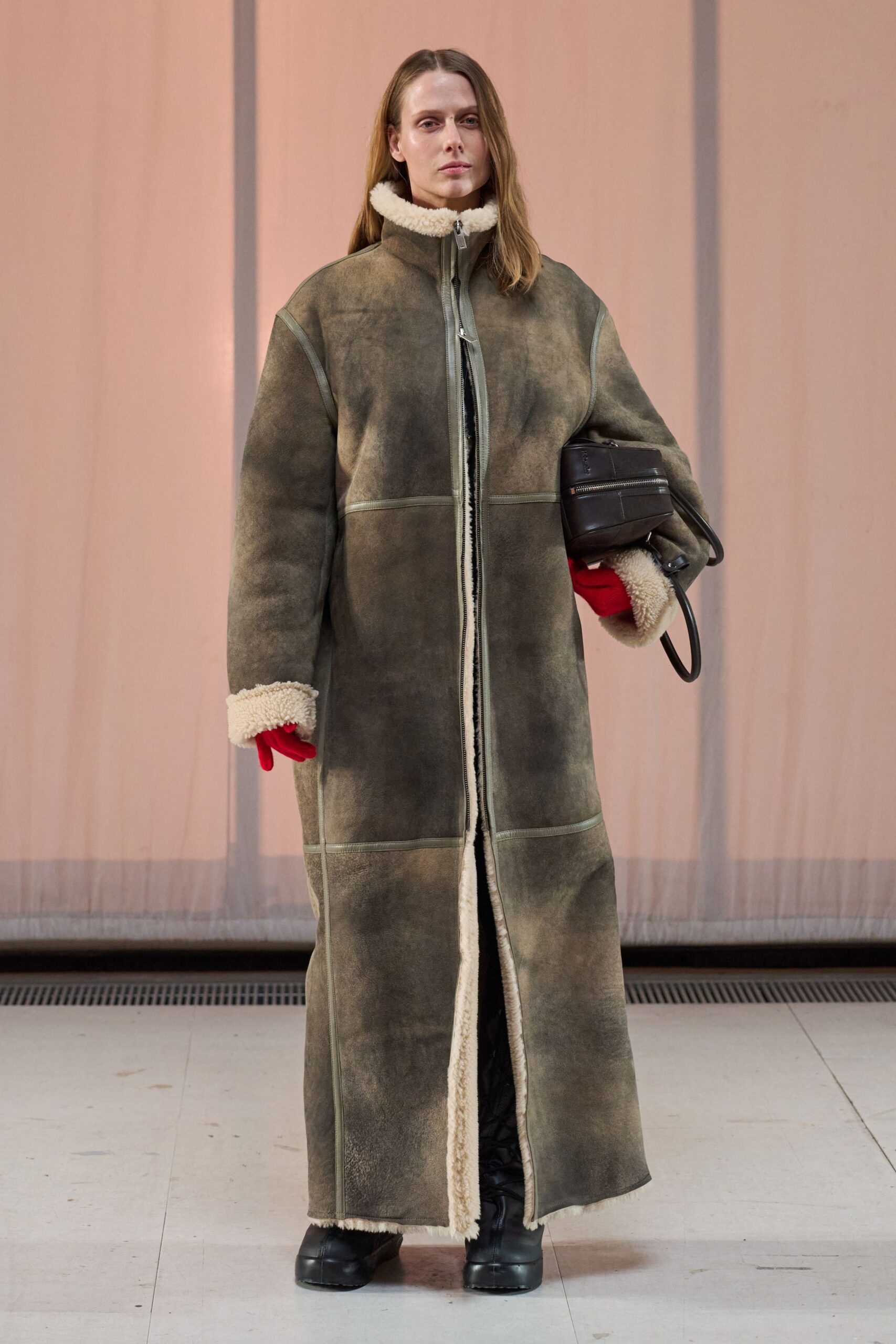 brown fur long-sleeve collared relaxed zippered maxi coat