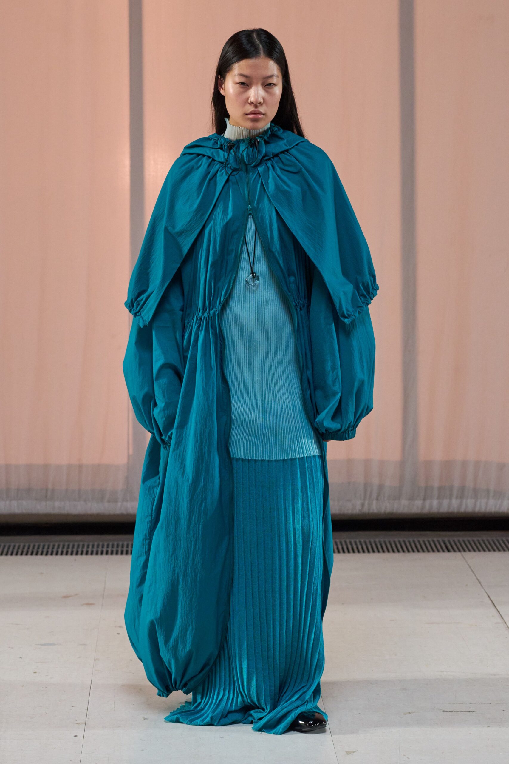teal cotton long-sleeve high-neck relaxed pleated draped gown