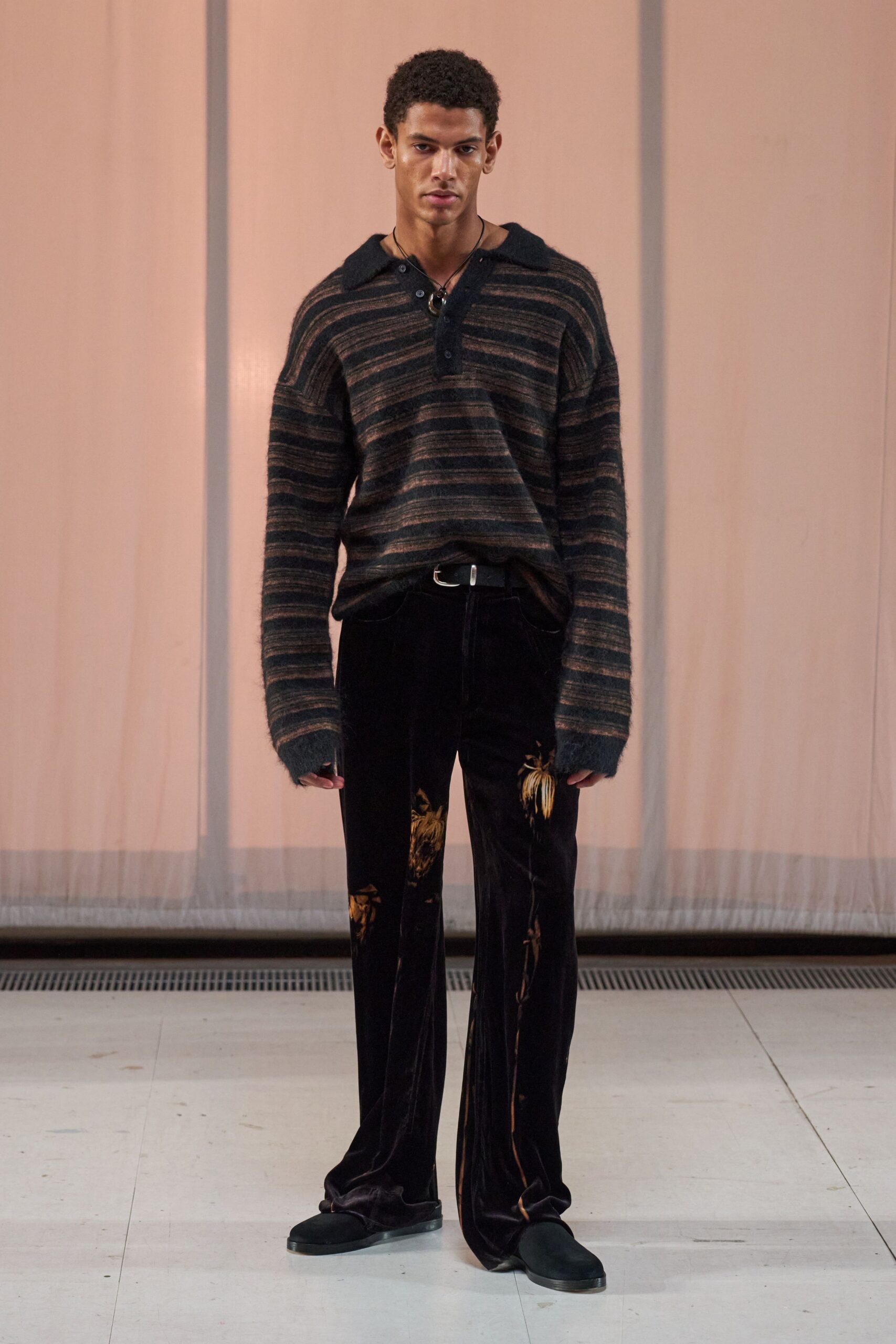 black cotton long-sleeve collared relaxed striped sweater