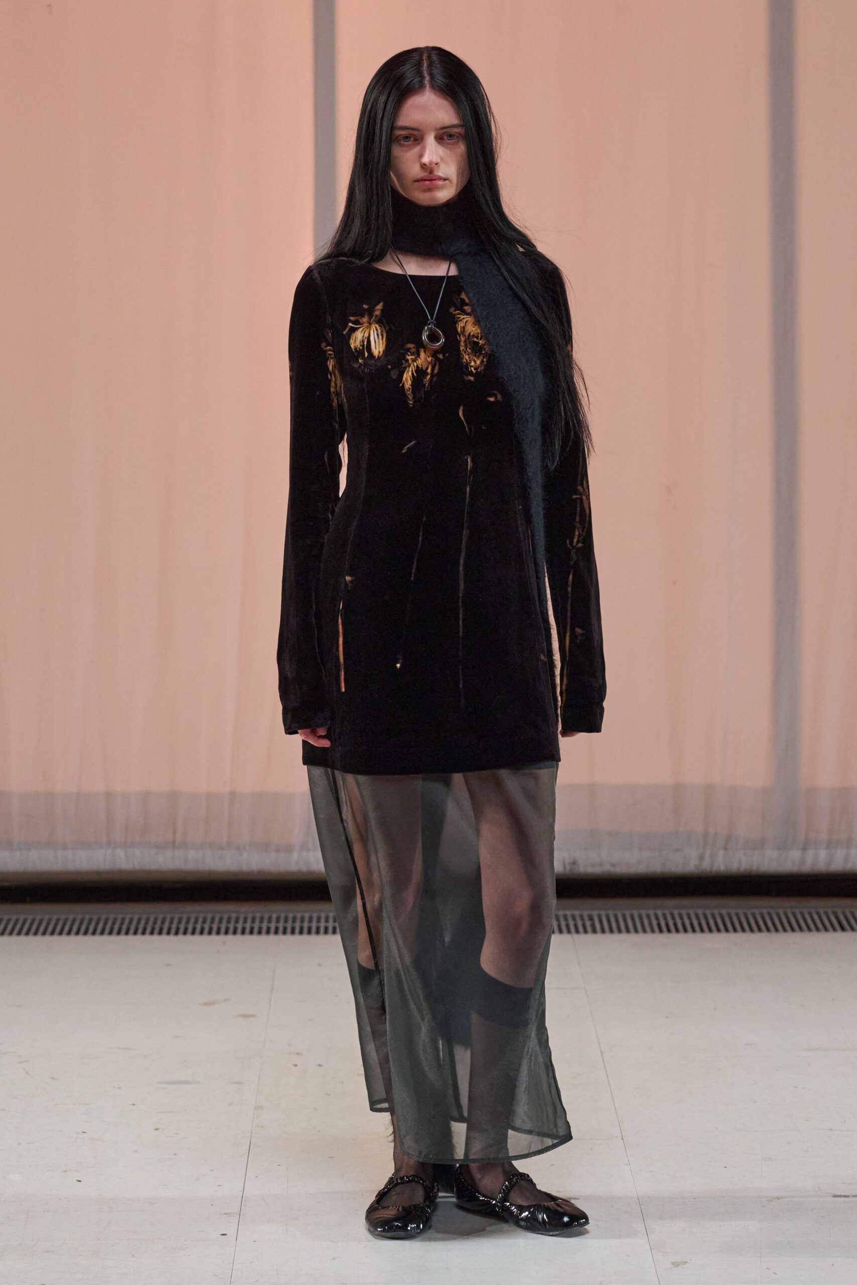 black velvet long-sleeve v-neck fitted layered sheer dress