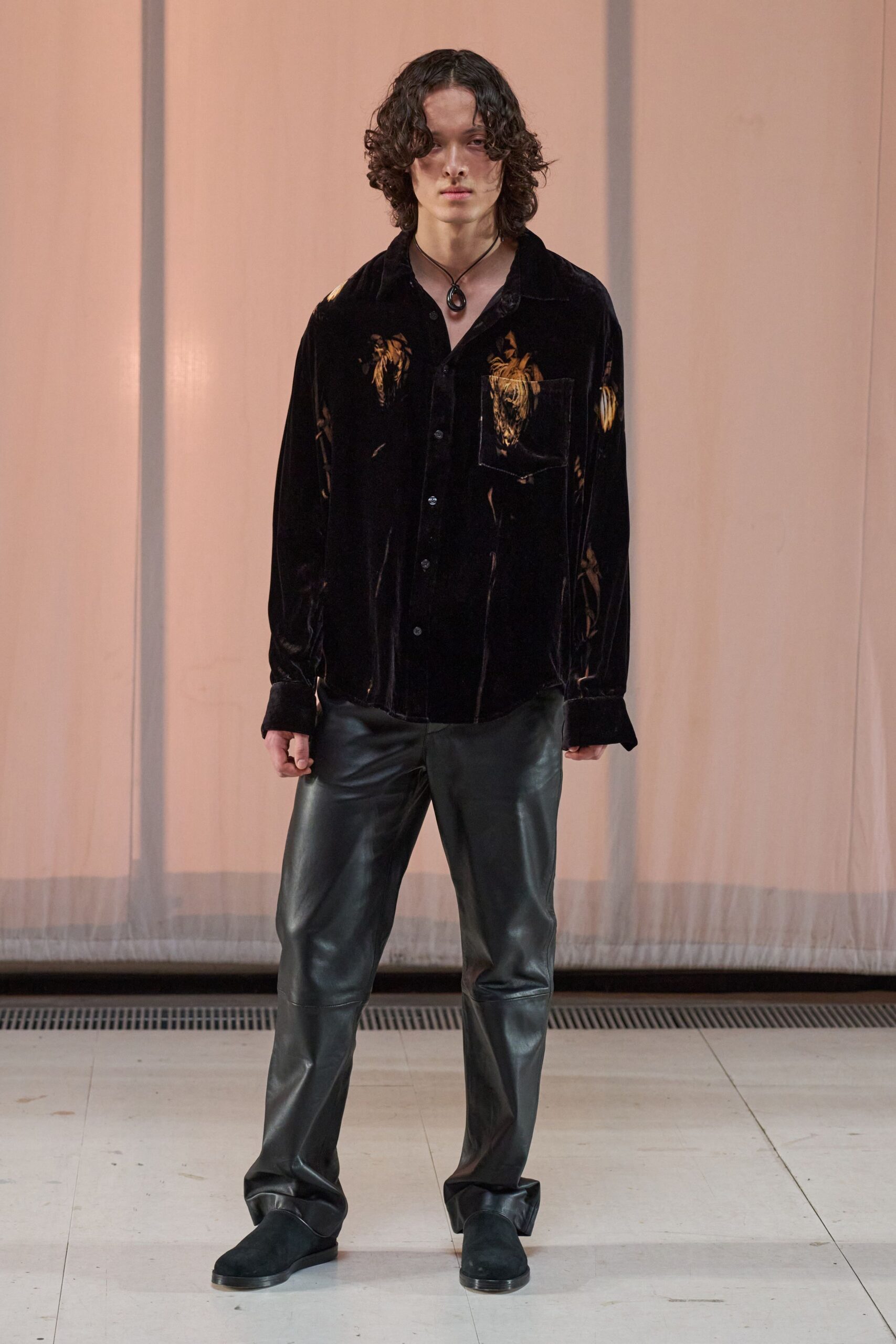 black velvet shirt and leather pants
