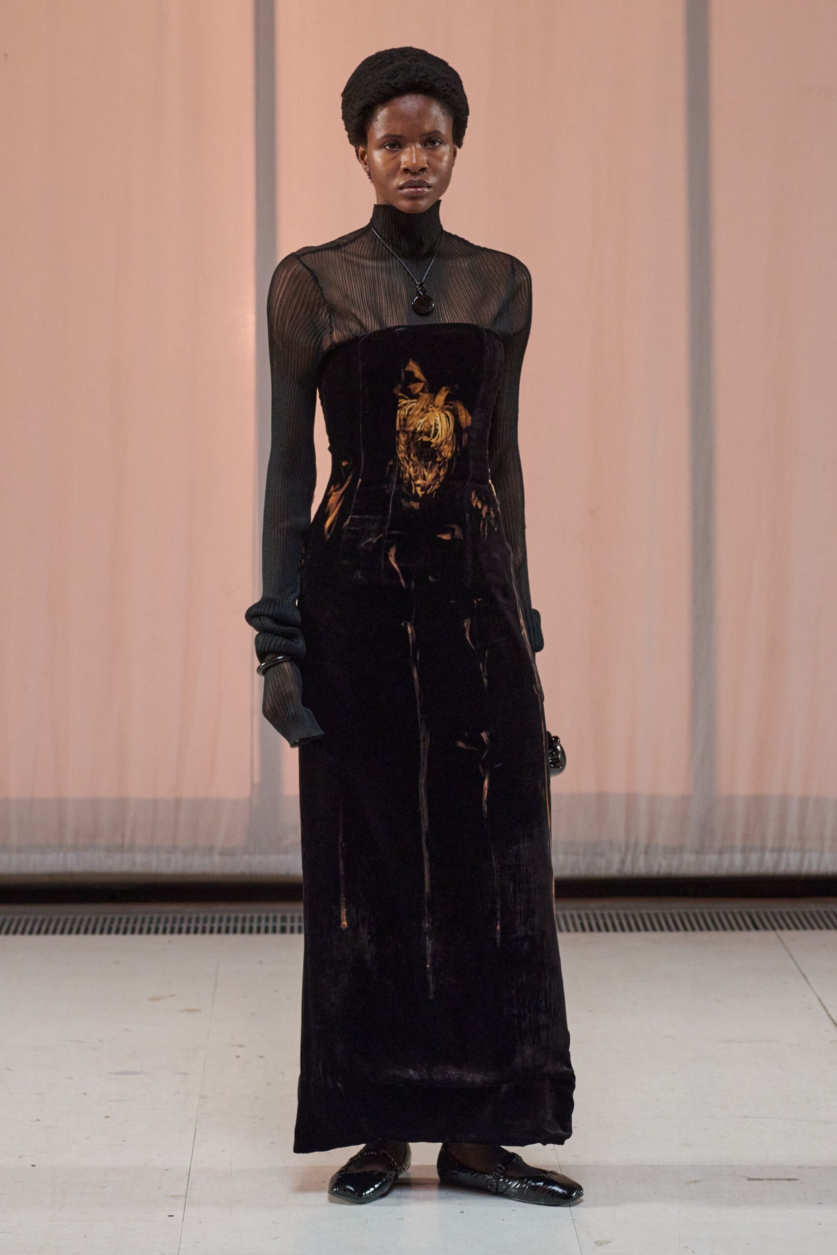 black mesh long-sleeve high-neck fitted sheer top