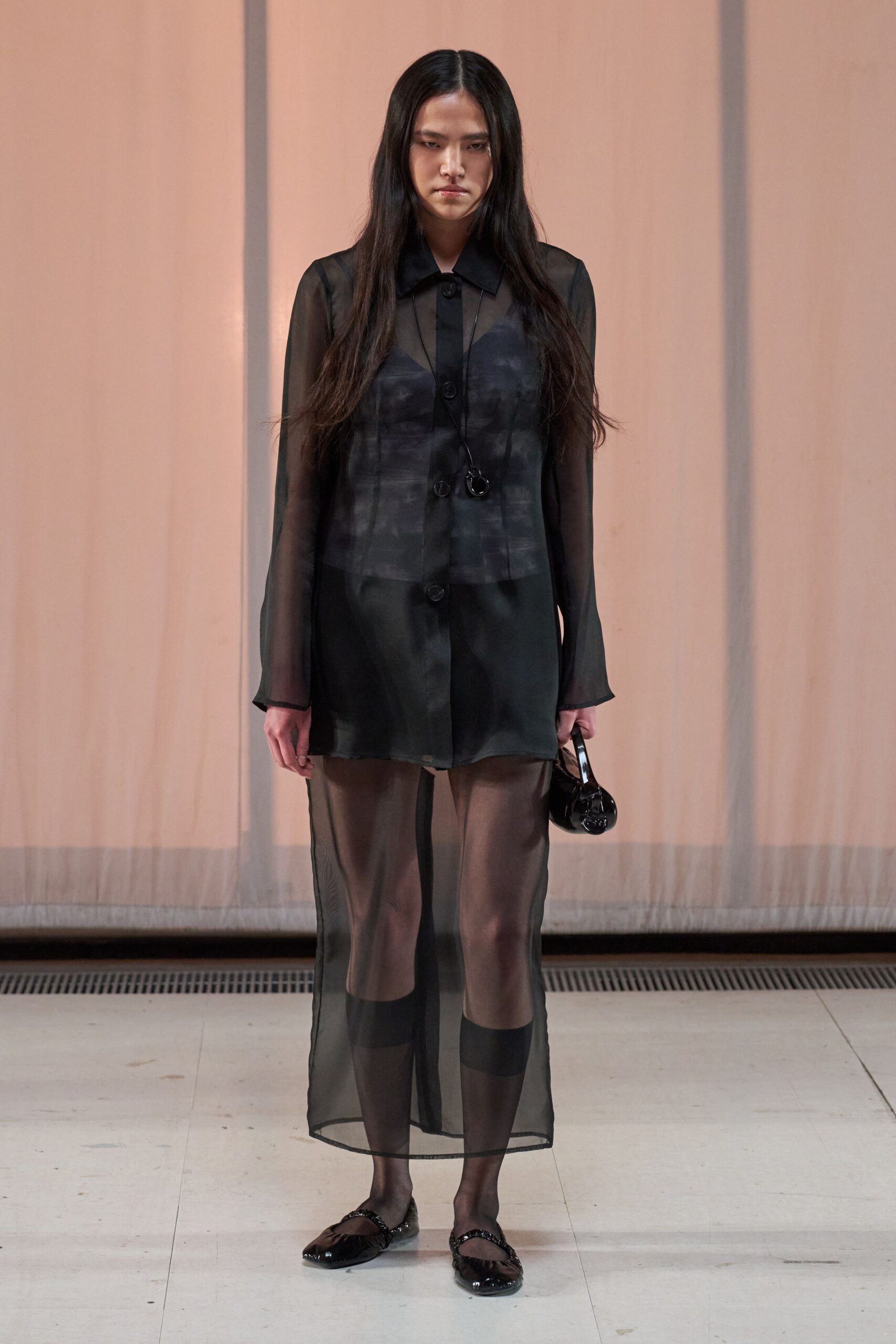 black silk long-sleeve collared relaxed sheer flowing dress