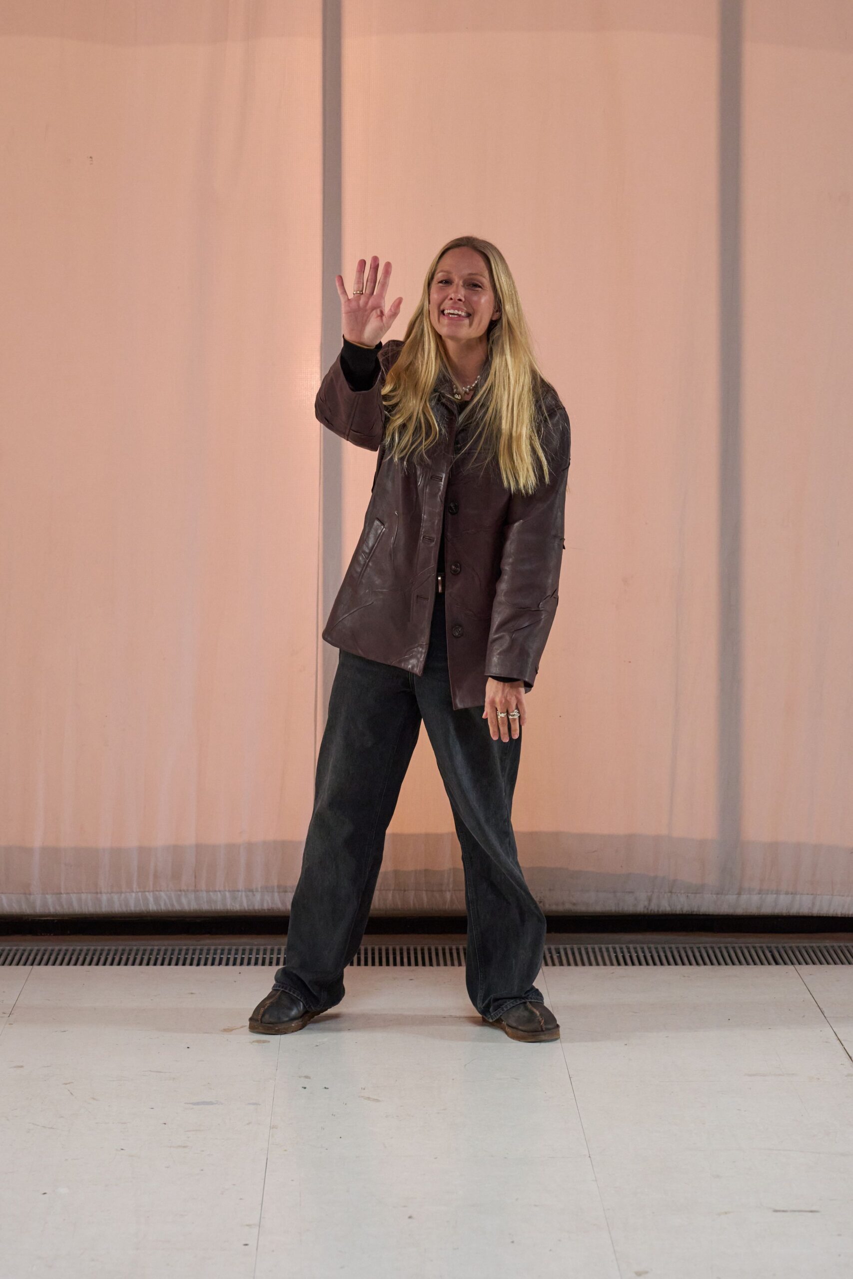brown leather long-sleeve collared relaxed jacket
