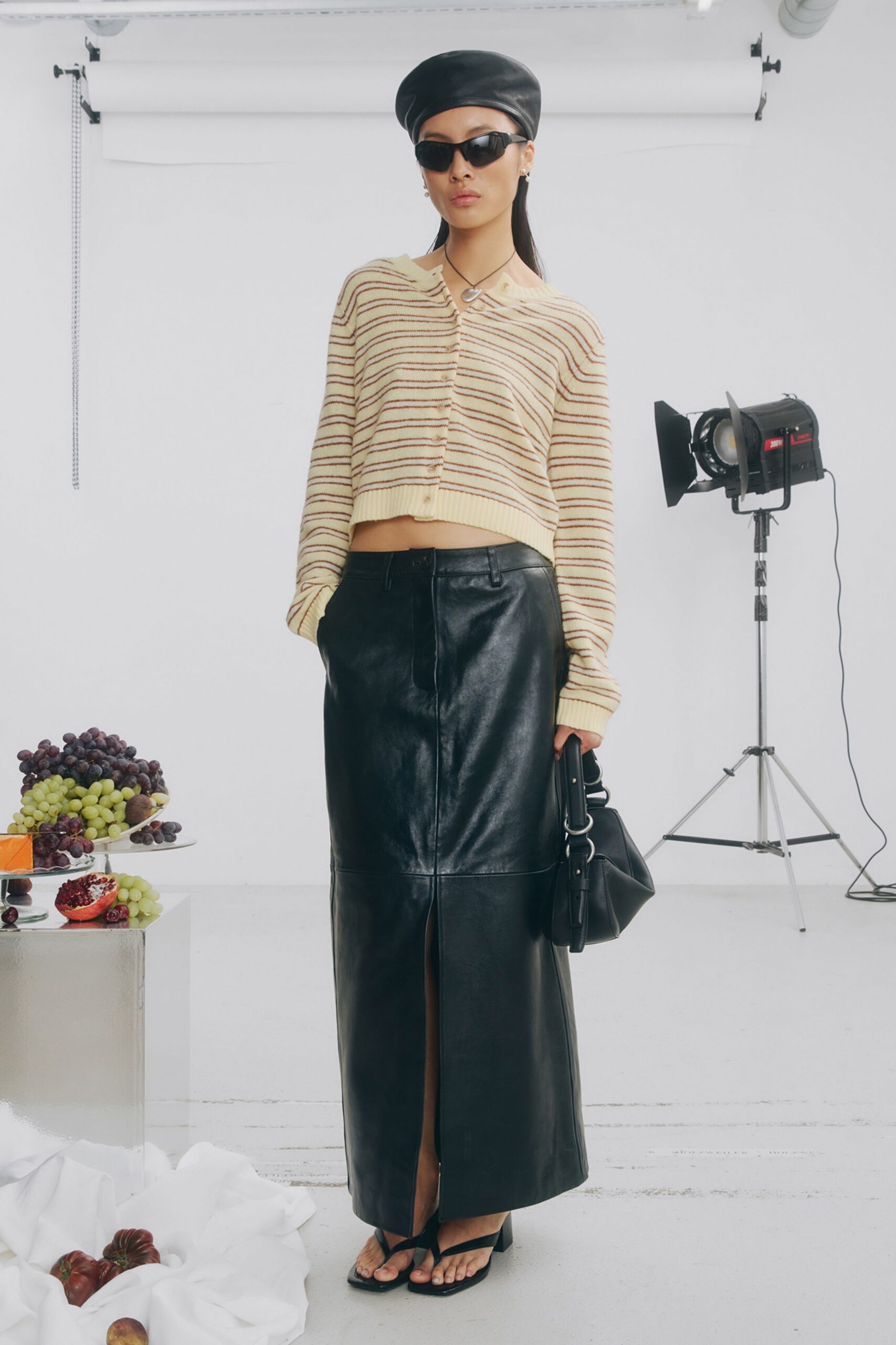 yellow cotton long-sleeve collared fitted striped cropped cardigan