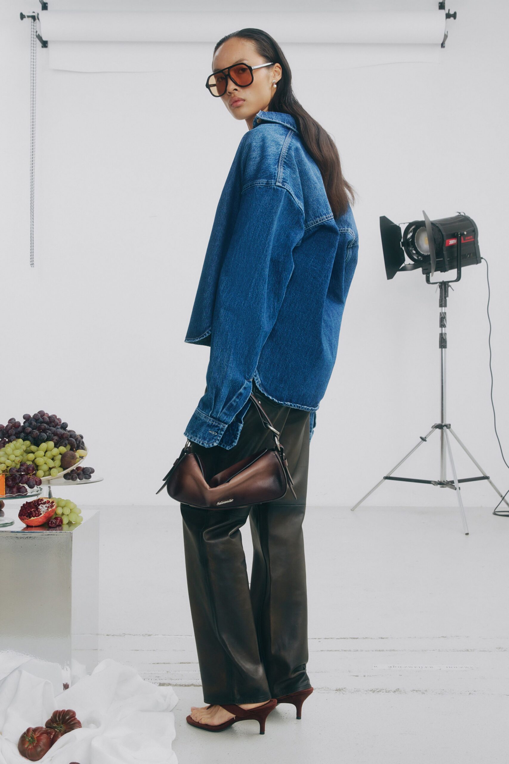 blue denim long-sleeve collared oversized jacket