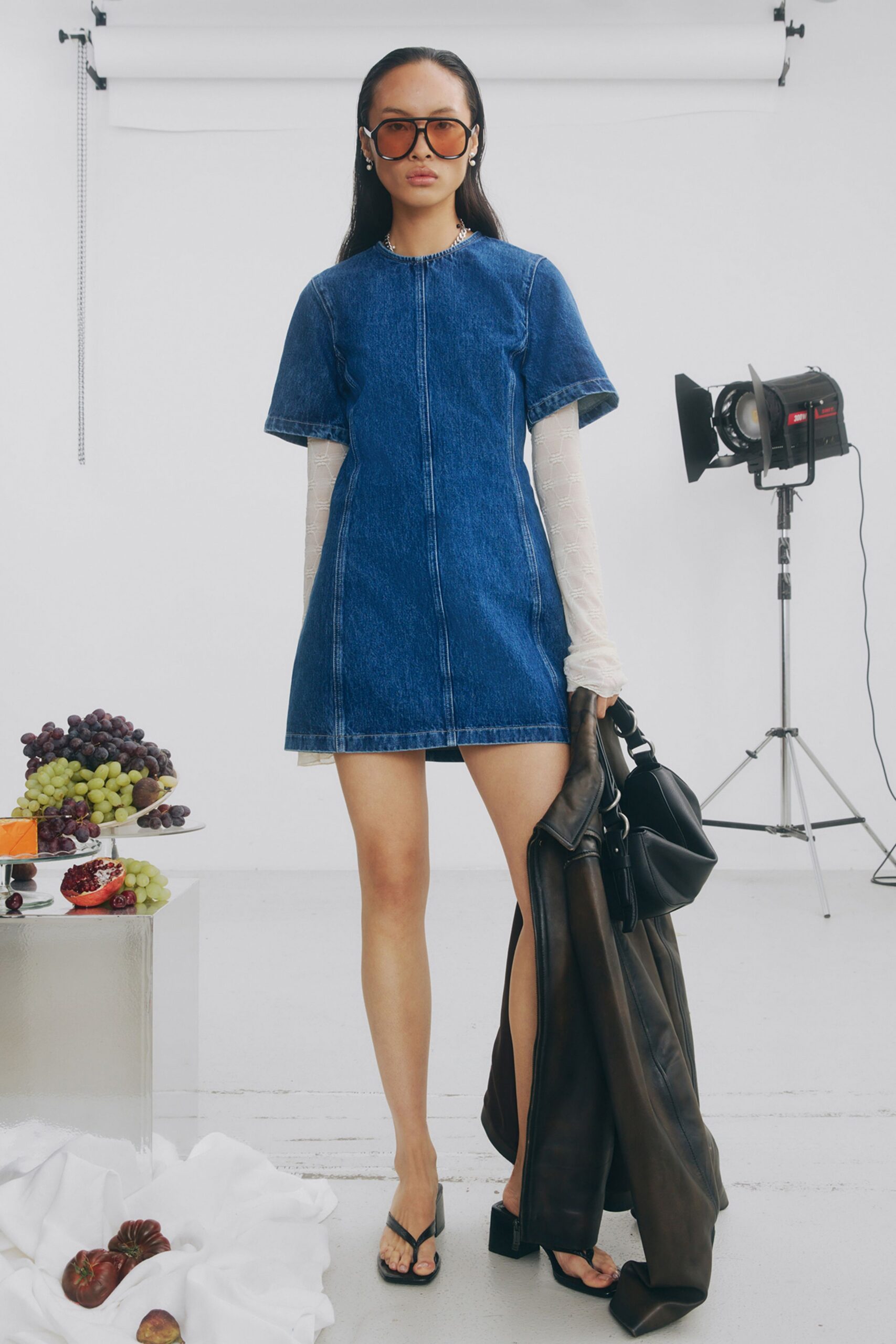 blue denim short-sleeve collared fitted zippered mini dress