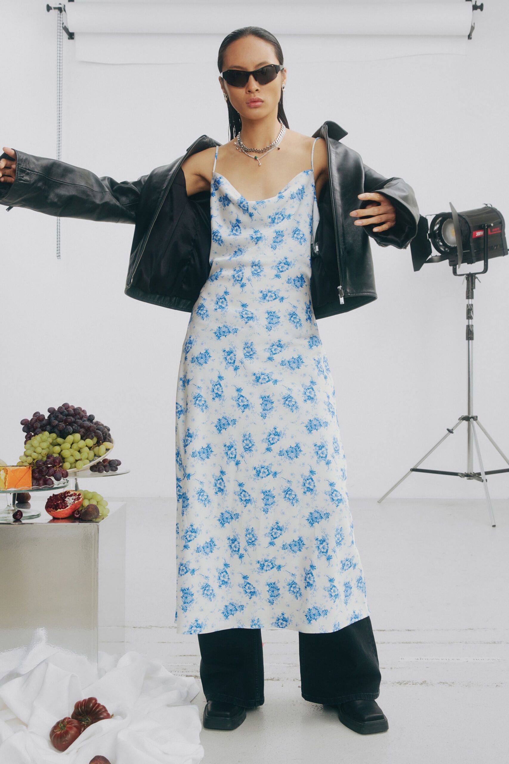 black leather long-sleeve oversized zippered jacket