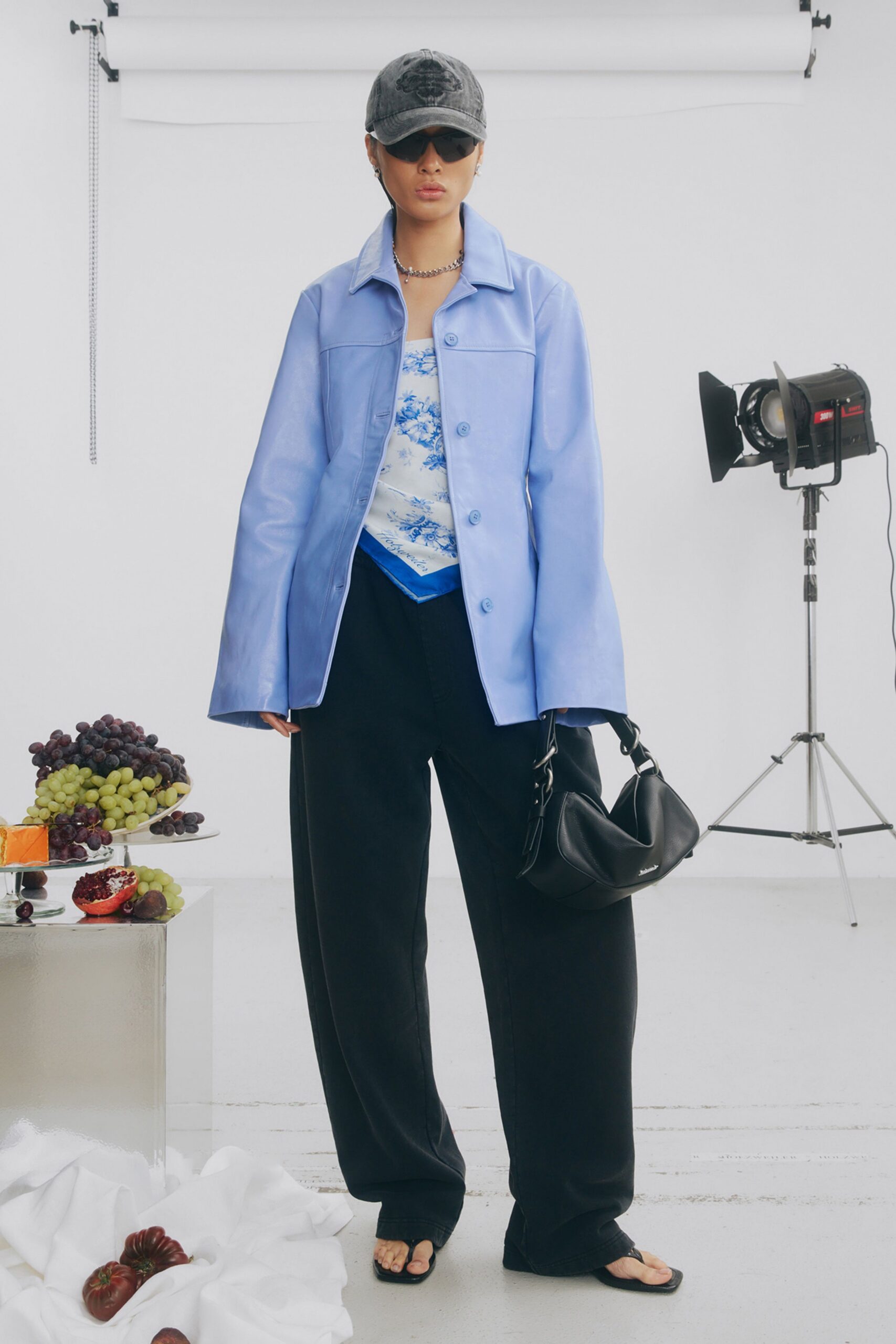 blue leather long-sleeve collared relaxed jacket
