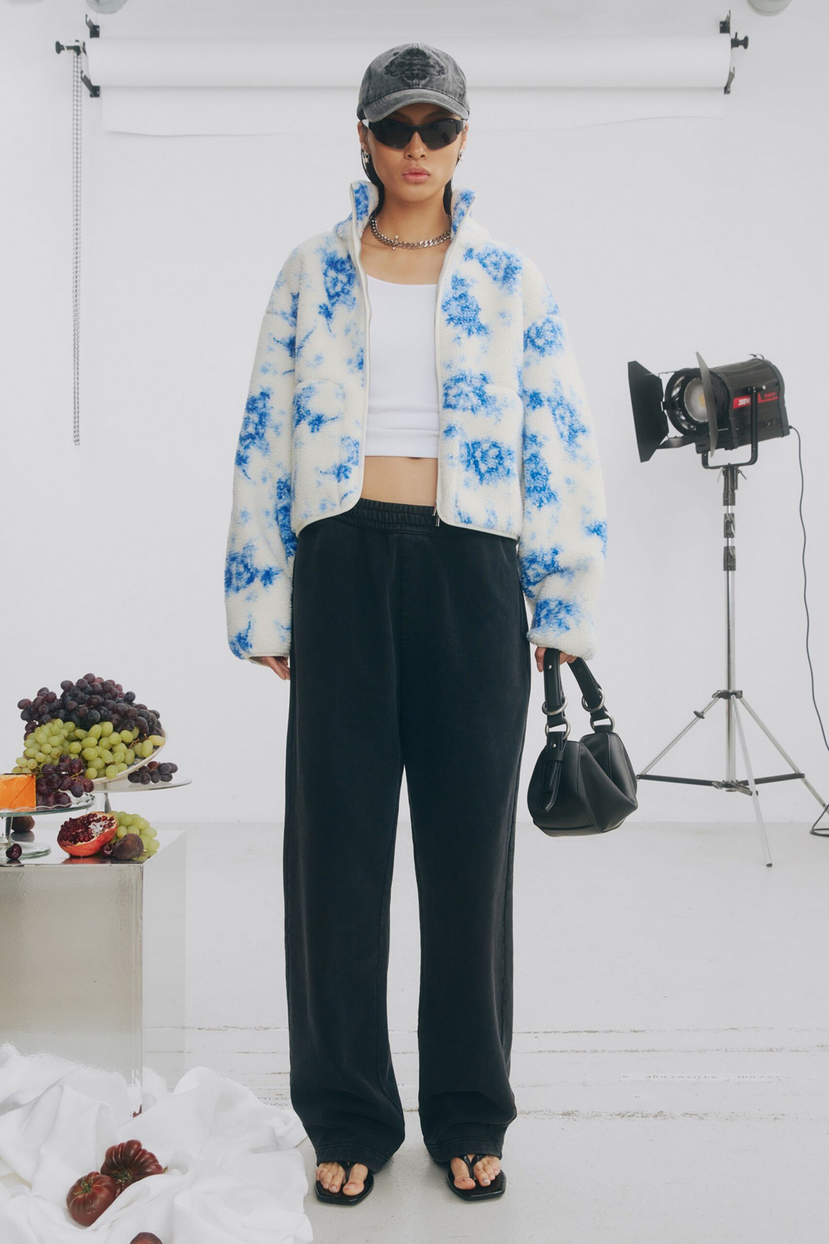 white faux-fur long-sleeve collared relaxed printed jacket