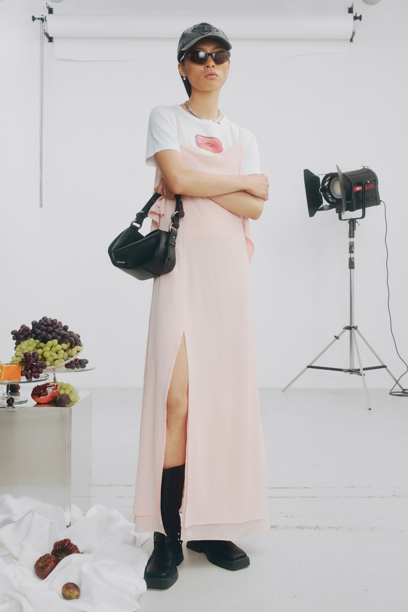 pink chiffon sleeveless v-neck fitted layered maxi dress