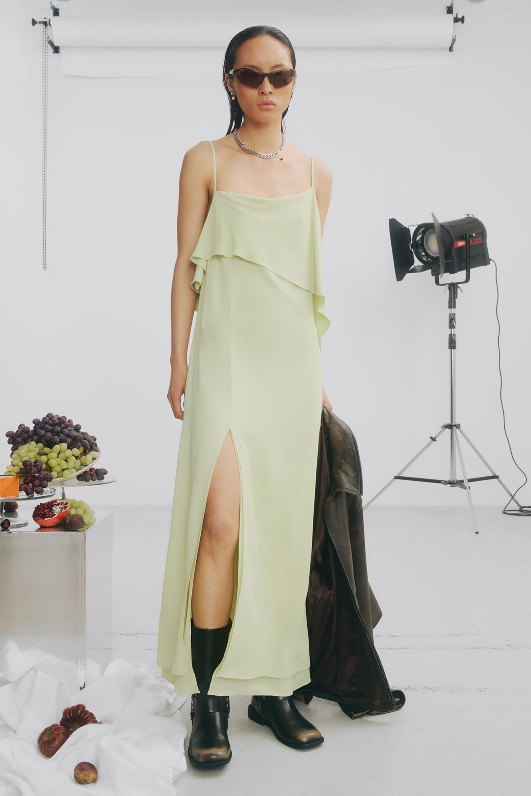 green silk sleeveless v-neck fitted ruffled maxi dress