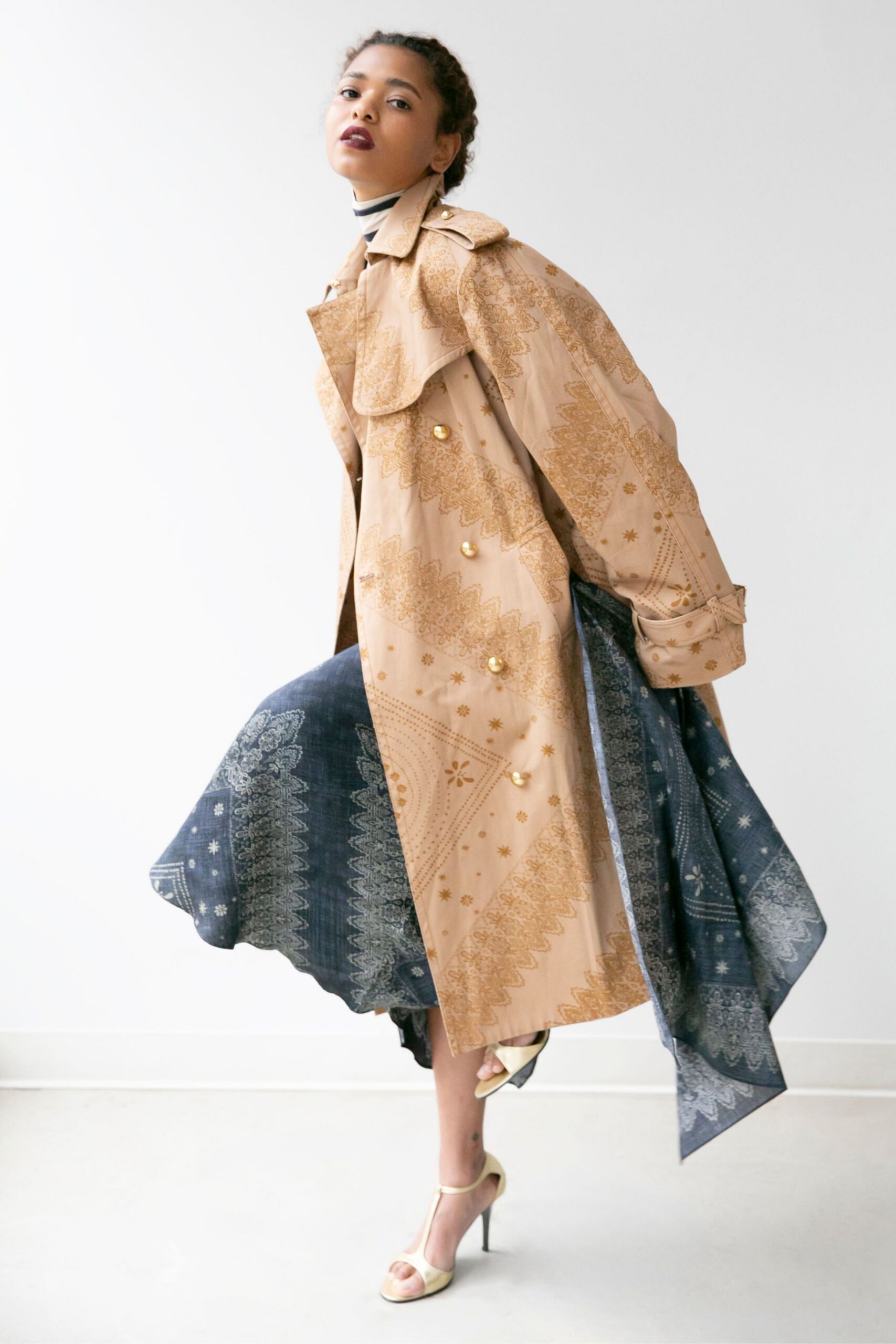 beige cotton long-sleeve collared oversized buttoned embroidered trench