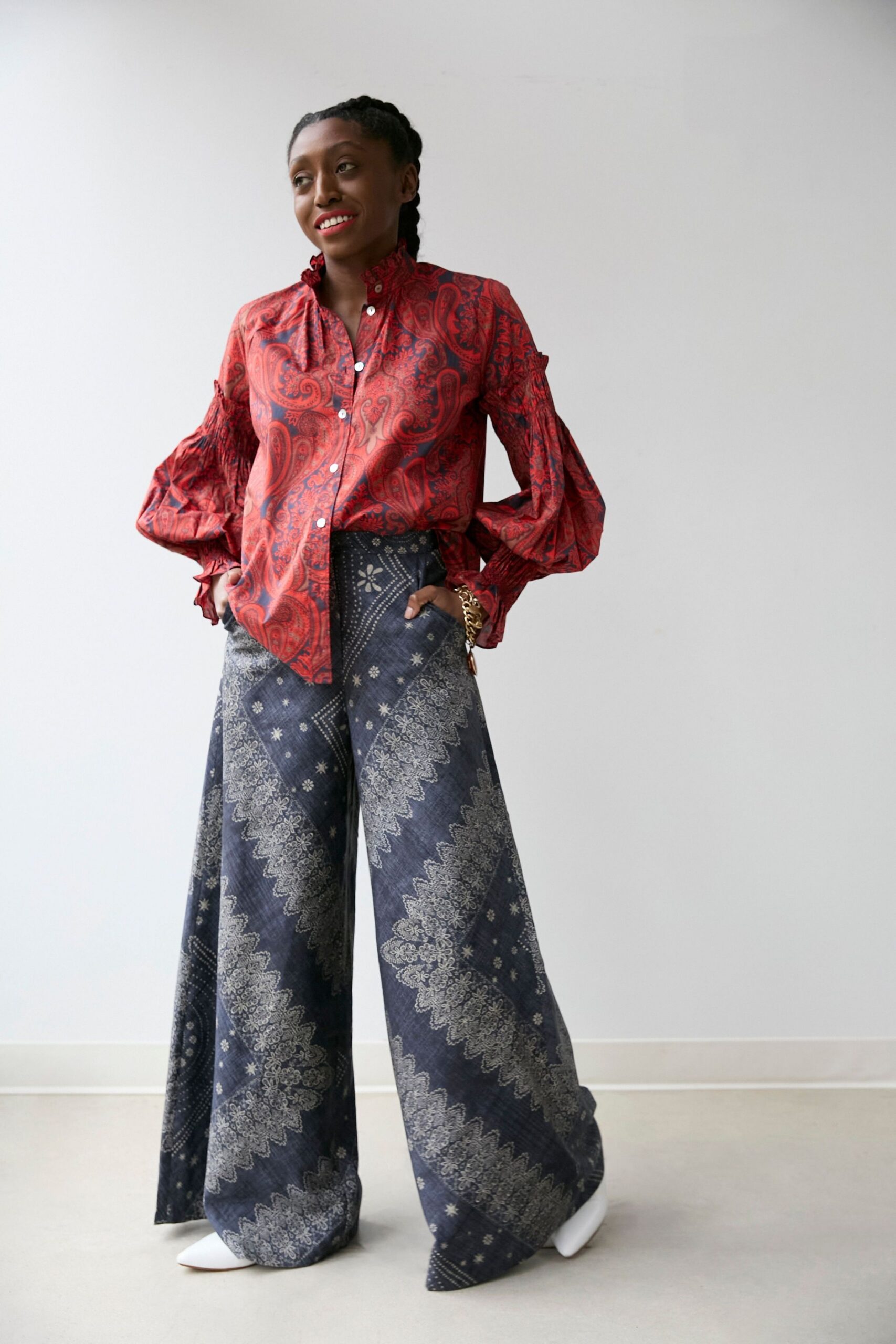 red cotton long-sleeve collared fitted printed ruffled shirt