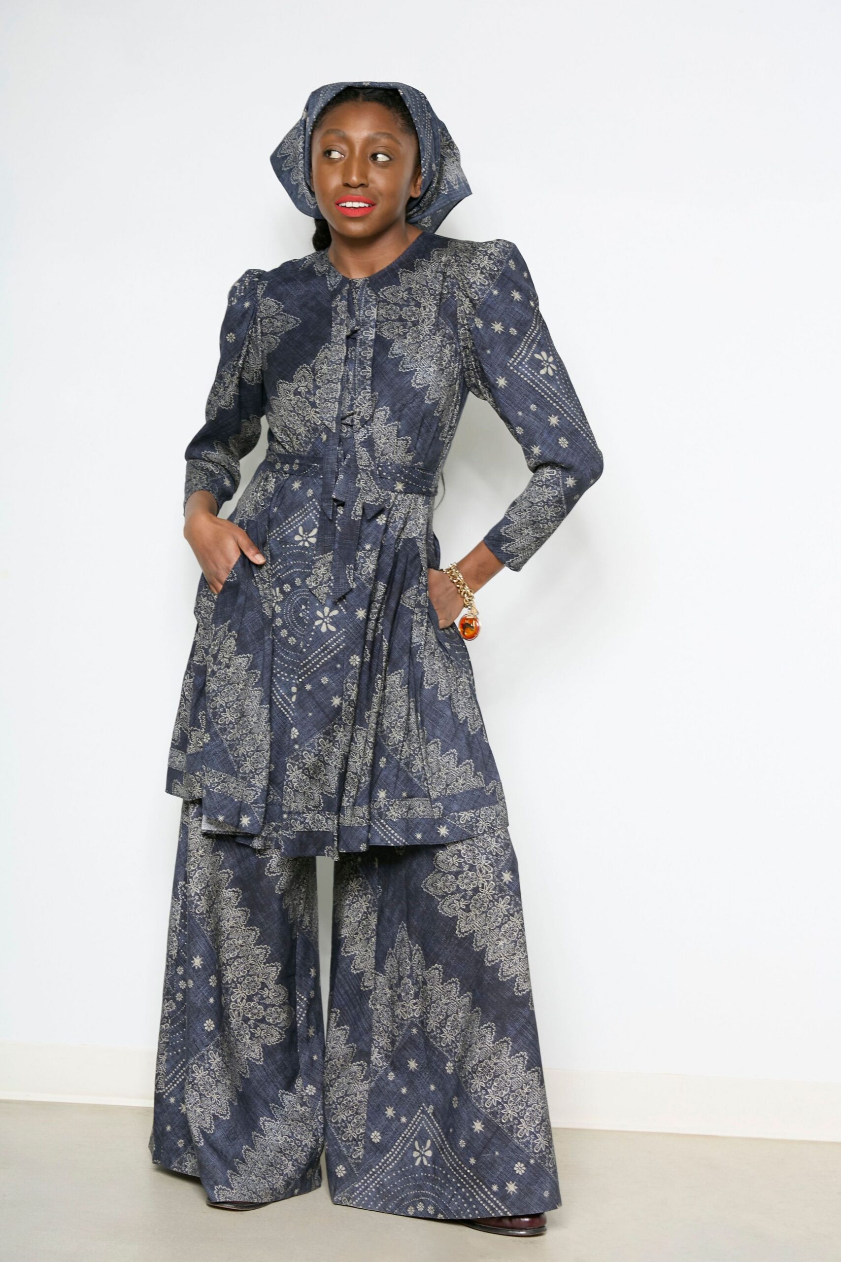 blue cotton long-sleeve collared relaxed printed tiered dress