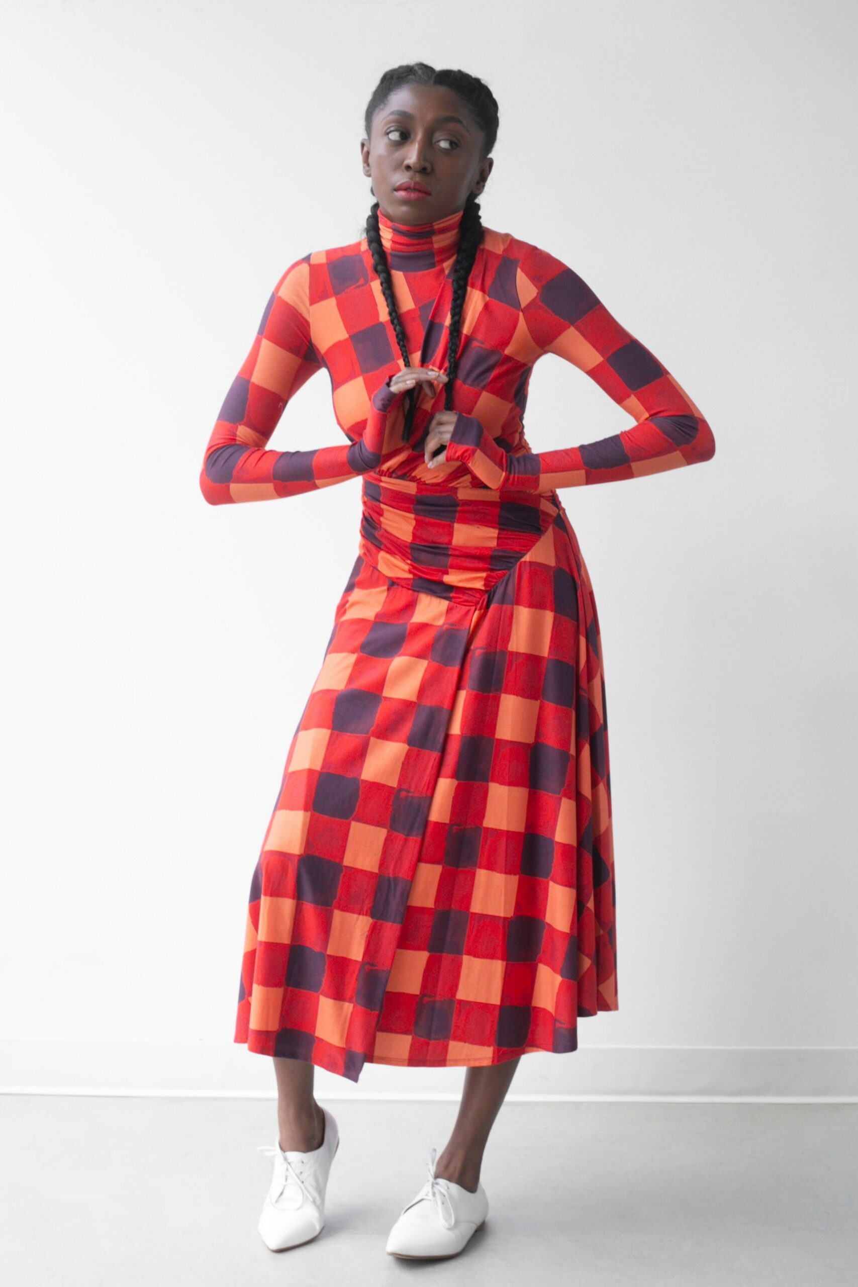 red cotton long-sleeve turtleneck fitted checked ruched dress