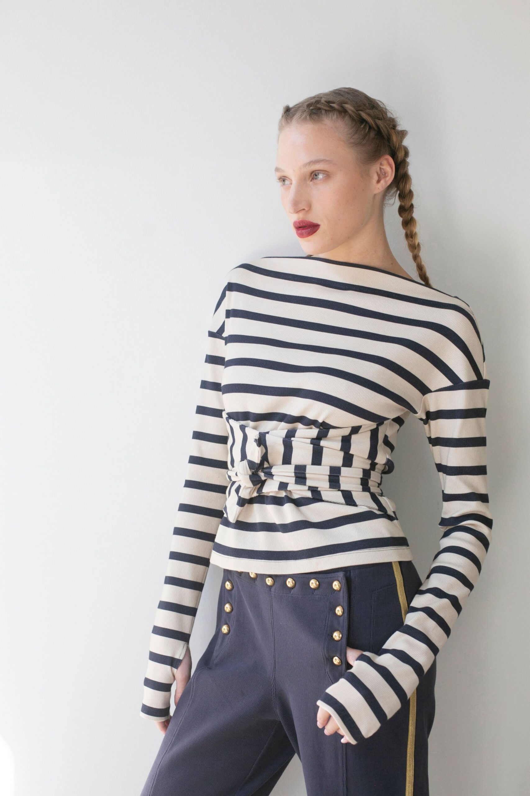 beige cotton long-sleeve off-shoulder fitted striped top
