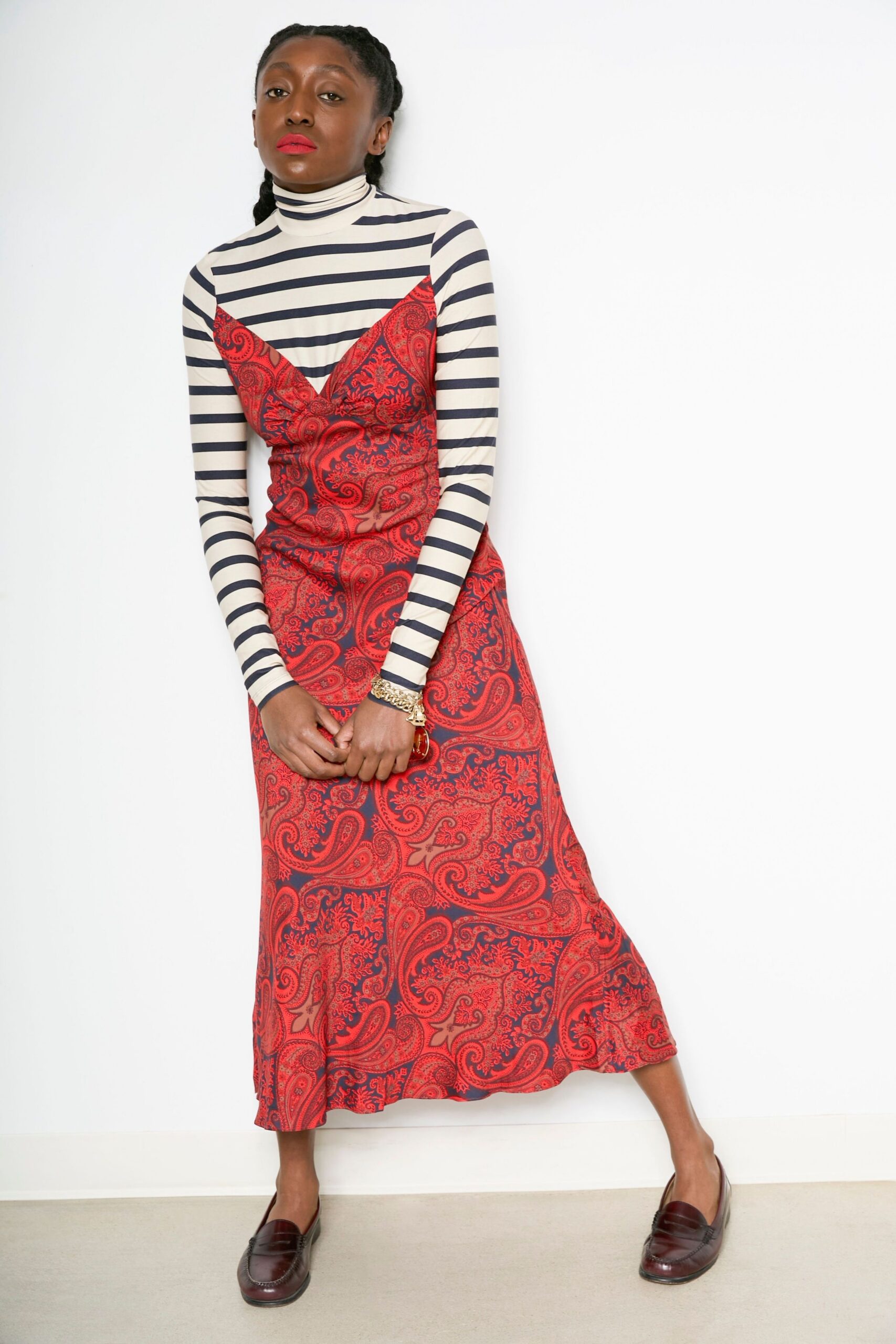 red silk sleeveless v-neck fitted printed flared dress