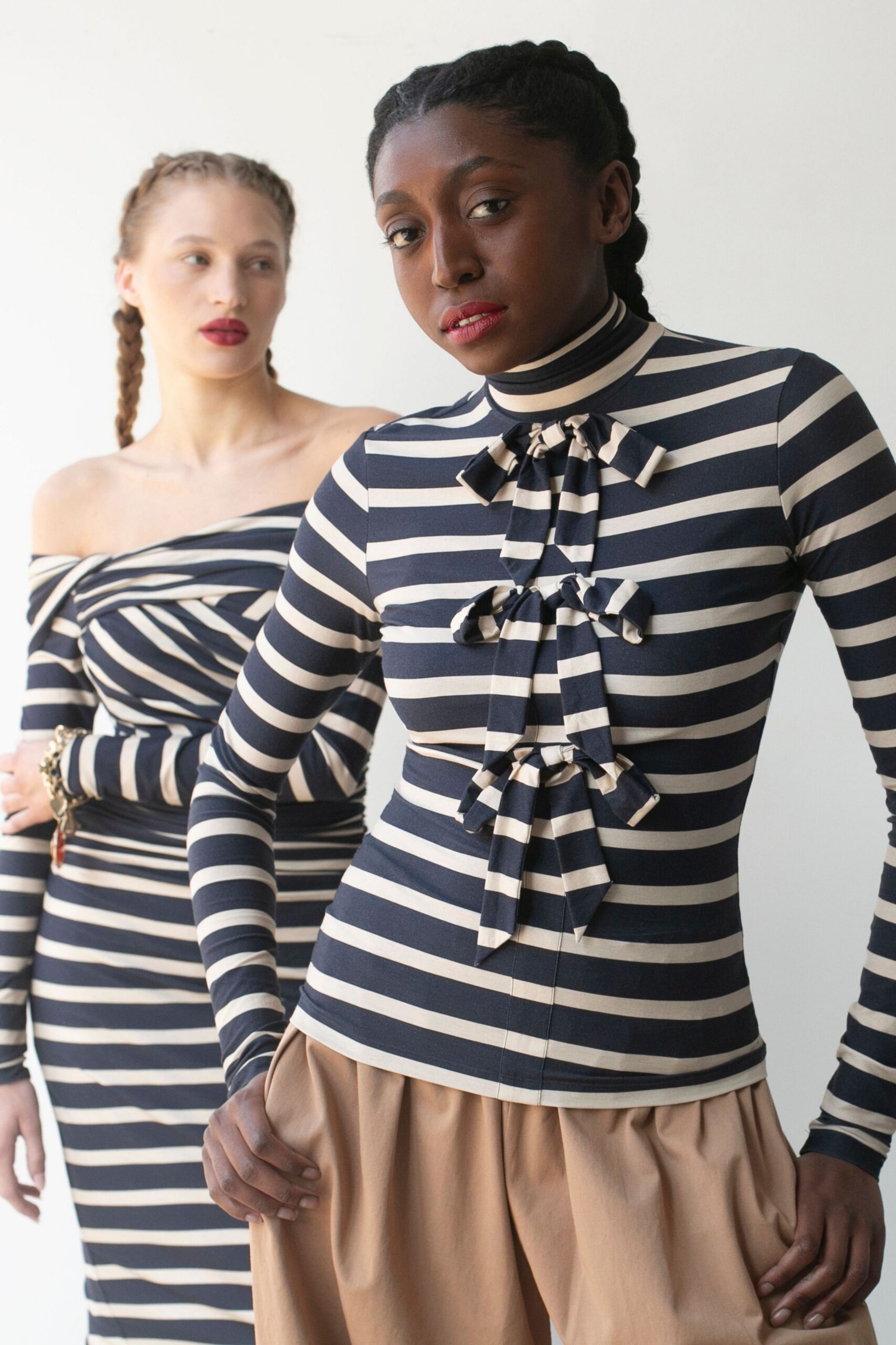 blue cotton long-sleeve off-shoulder fitted striped midi dress