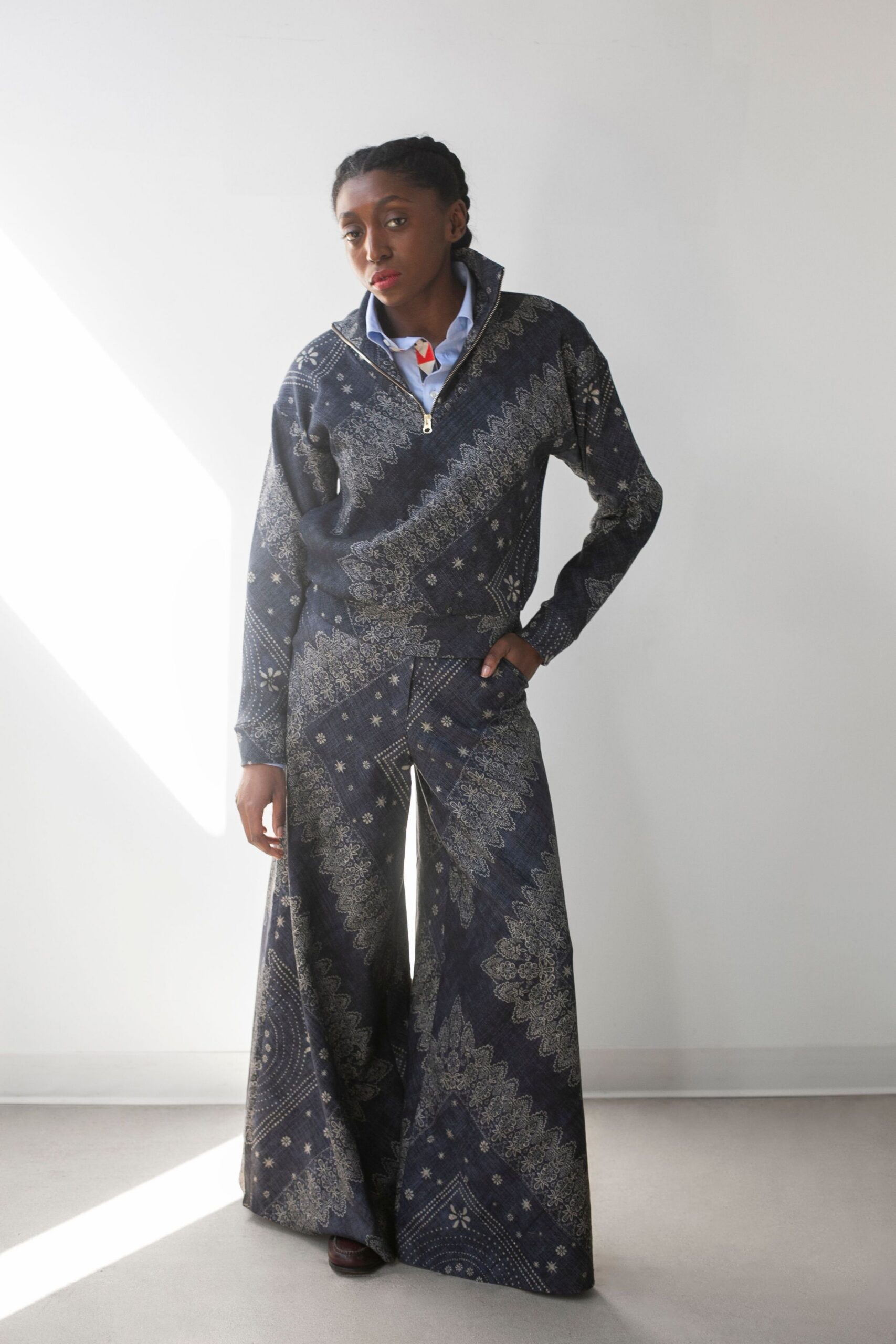 blue cotton long-sleeve collared relaxed printed wide-leg jumpsuit