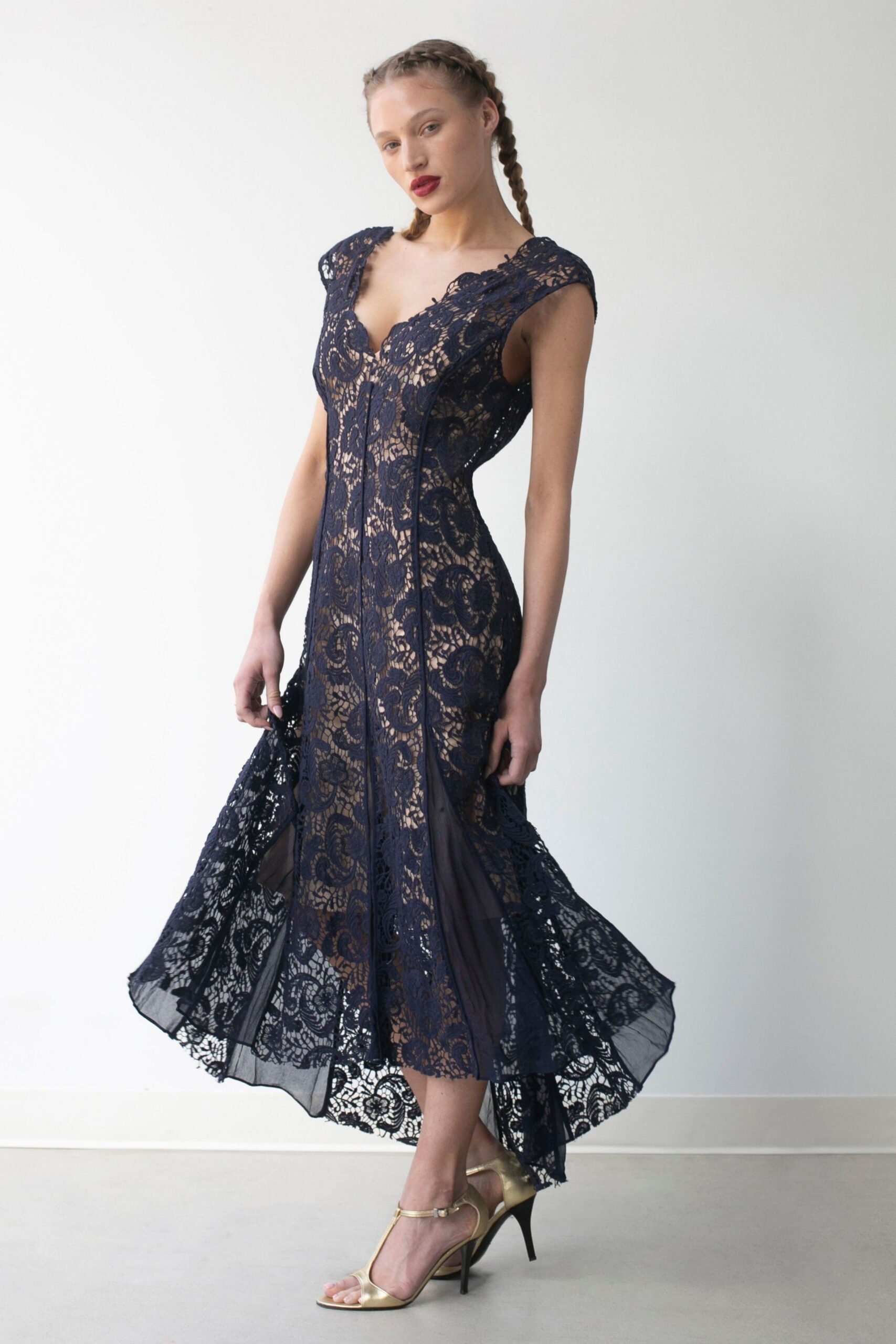 blue lace sleeveless v-neck fitted embroidered tiered dress
