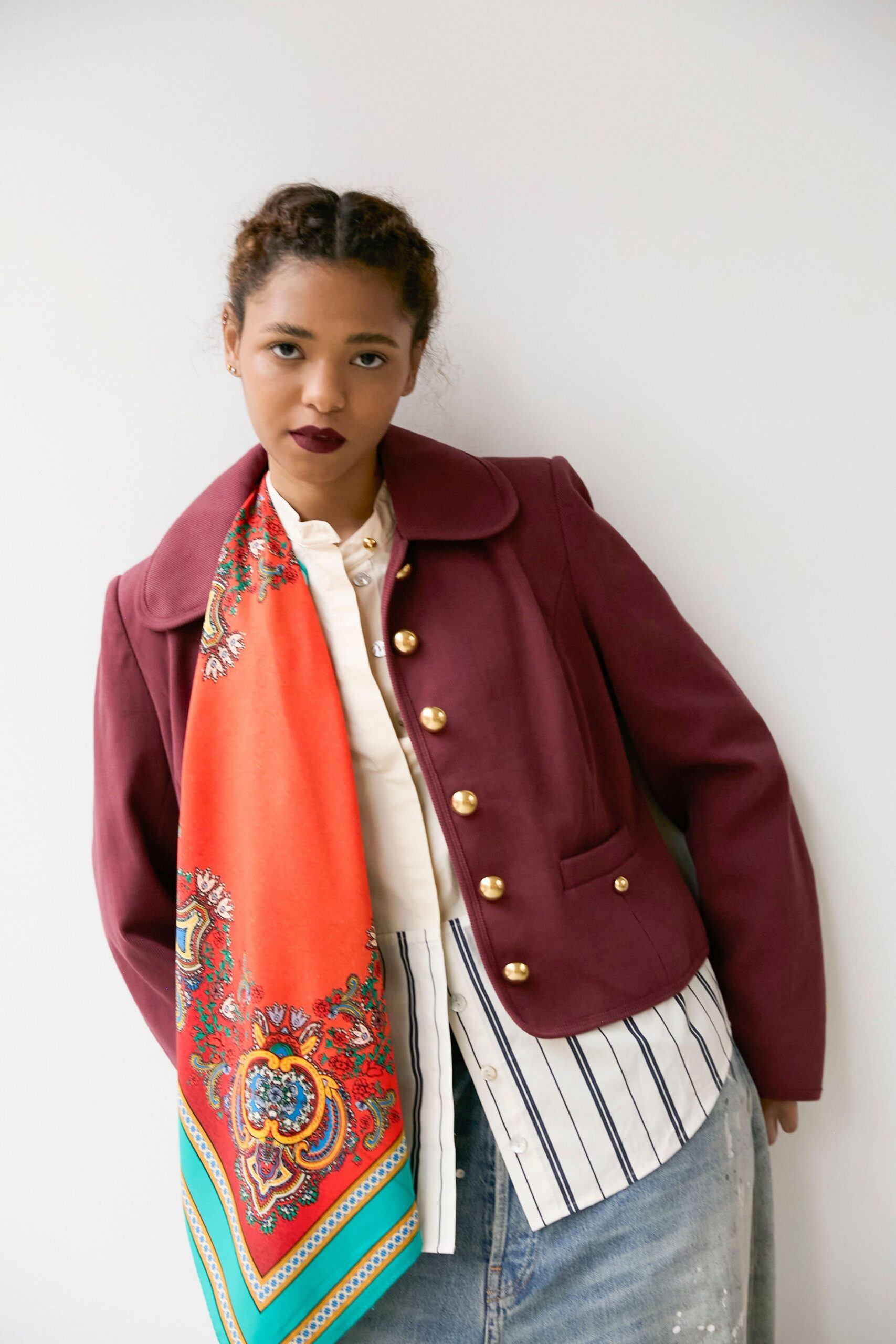 red cotton long-sleeve collared structured buttoned jacket