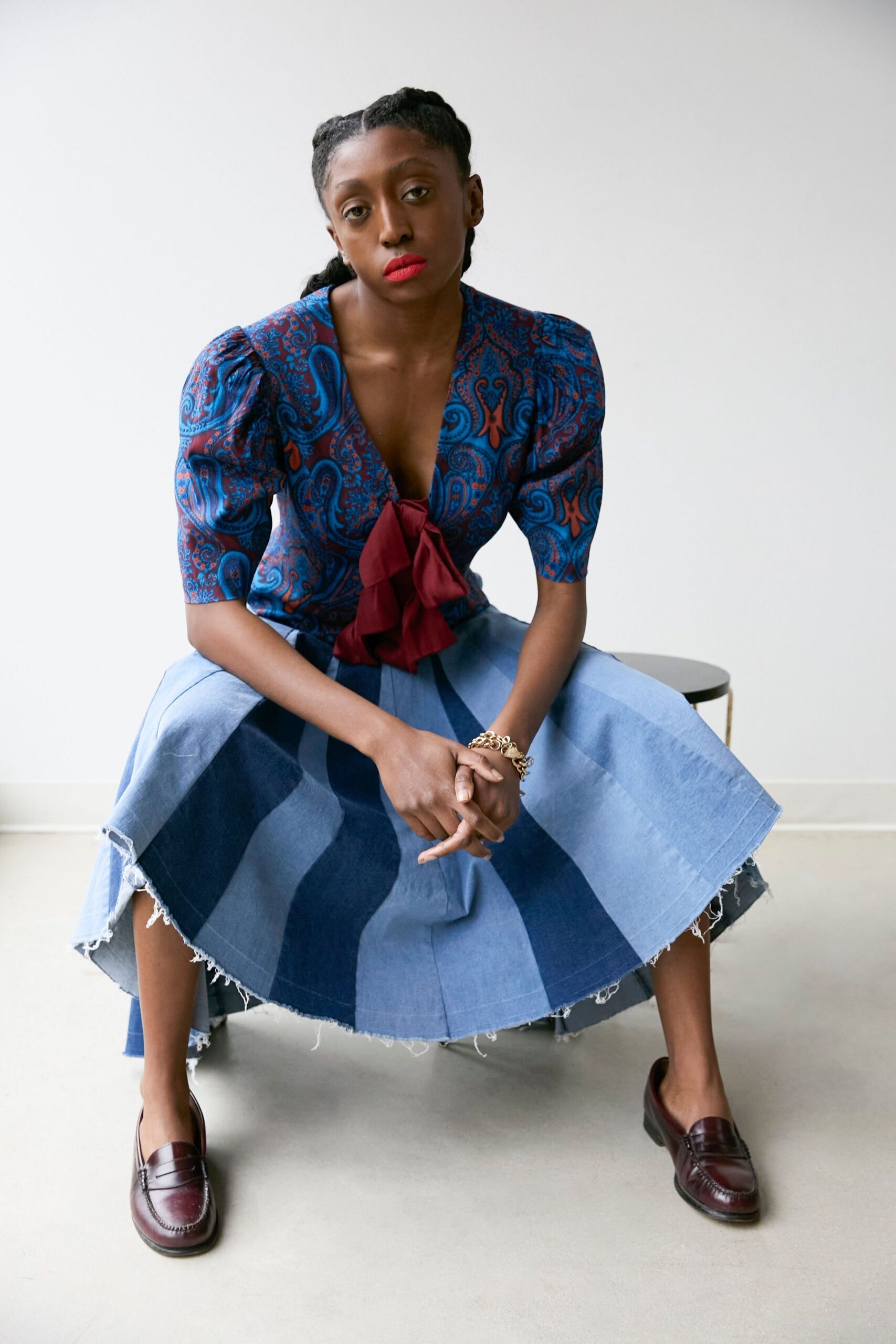 blue denim short-sleeve v-neck fitted pleated flared dress