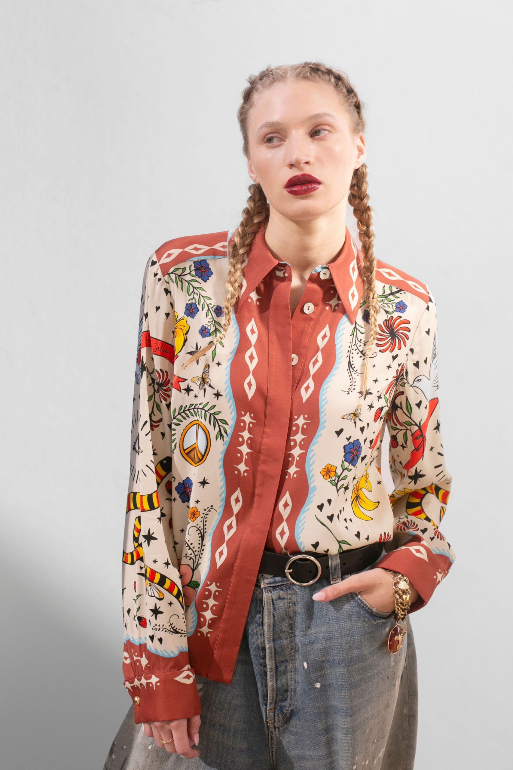 beige cotton long-sleeve collared relaxed printed shirt