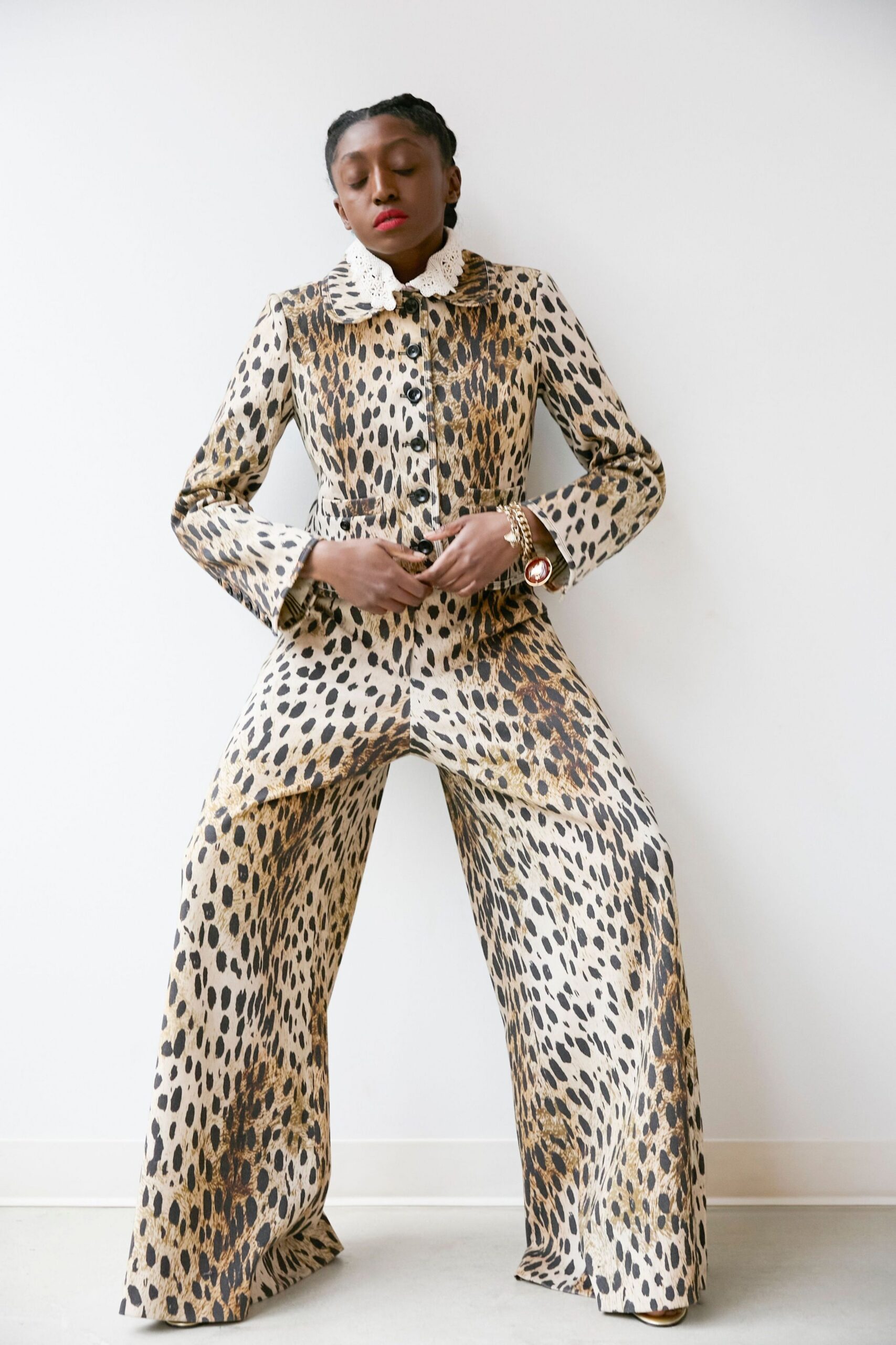 beige and brown printed suit