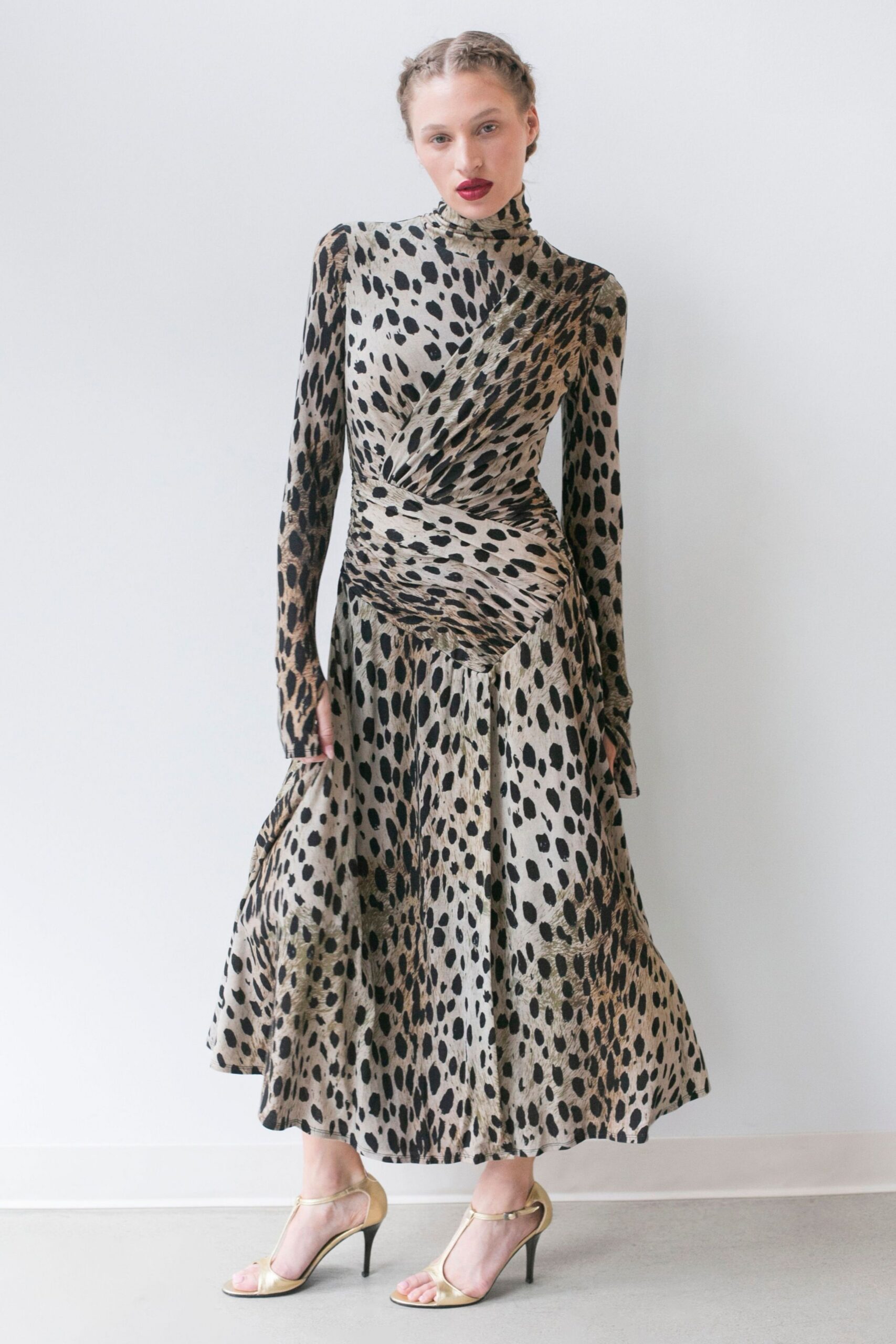 beige silk long-sleeve high-neck fitted printed draped dress