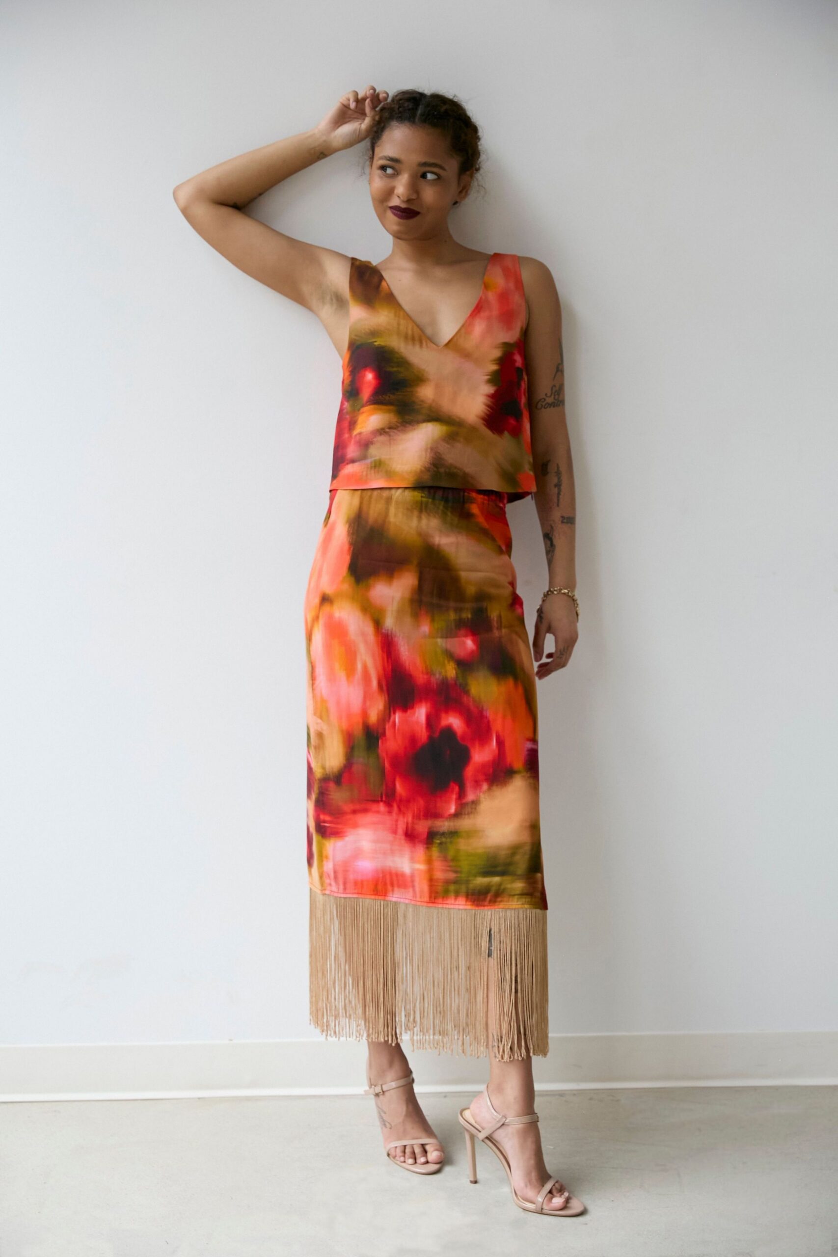 red silk fitted fringed midi skirt