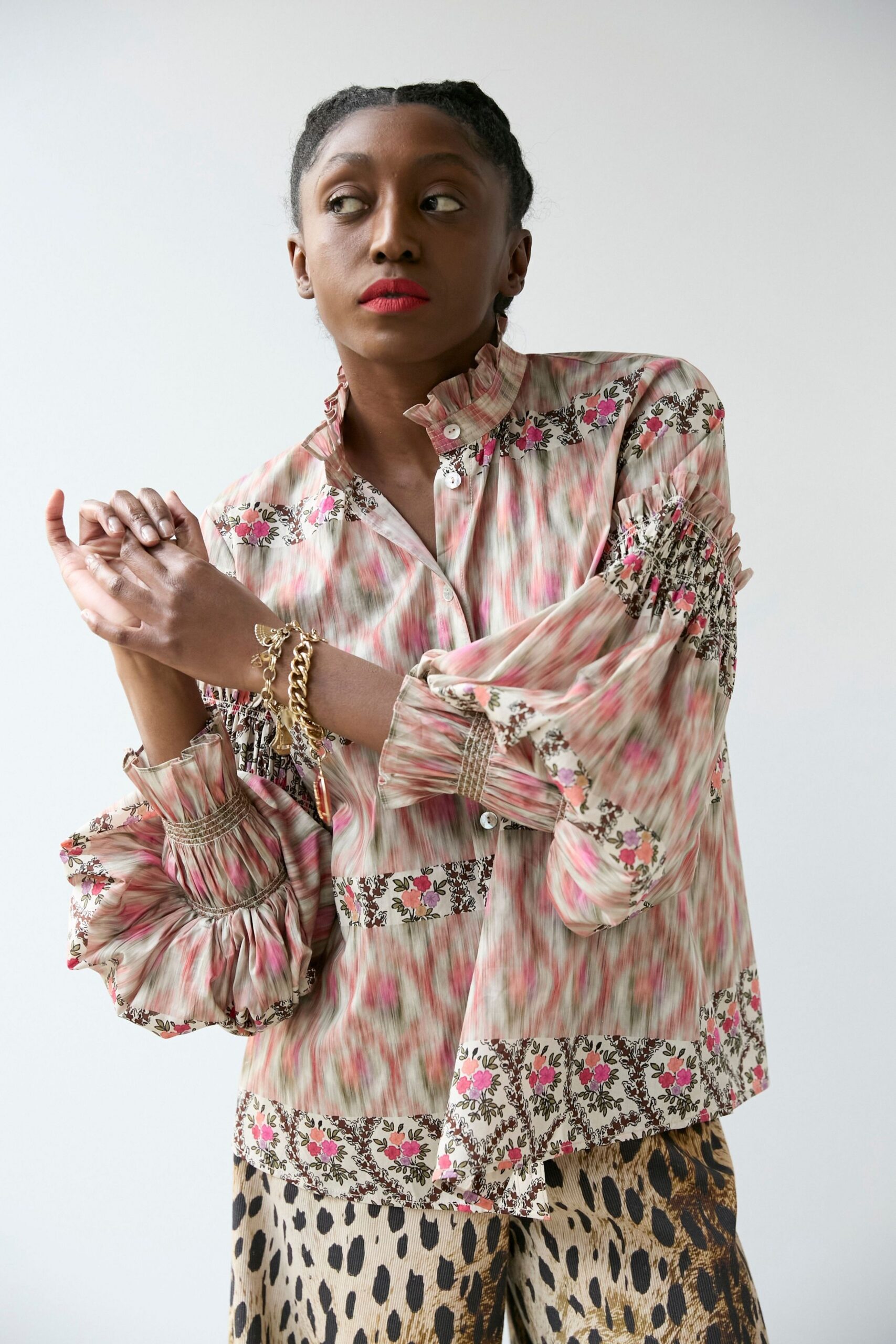 pink silk long-sleeve collared relaxed ruffled embroidered shirt