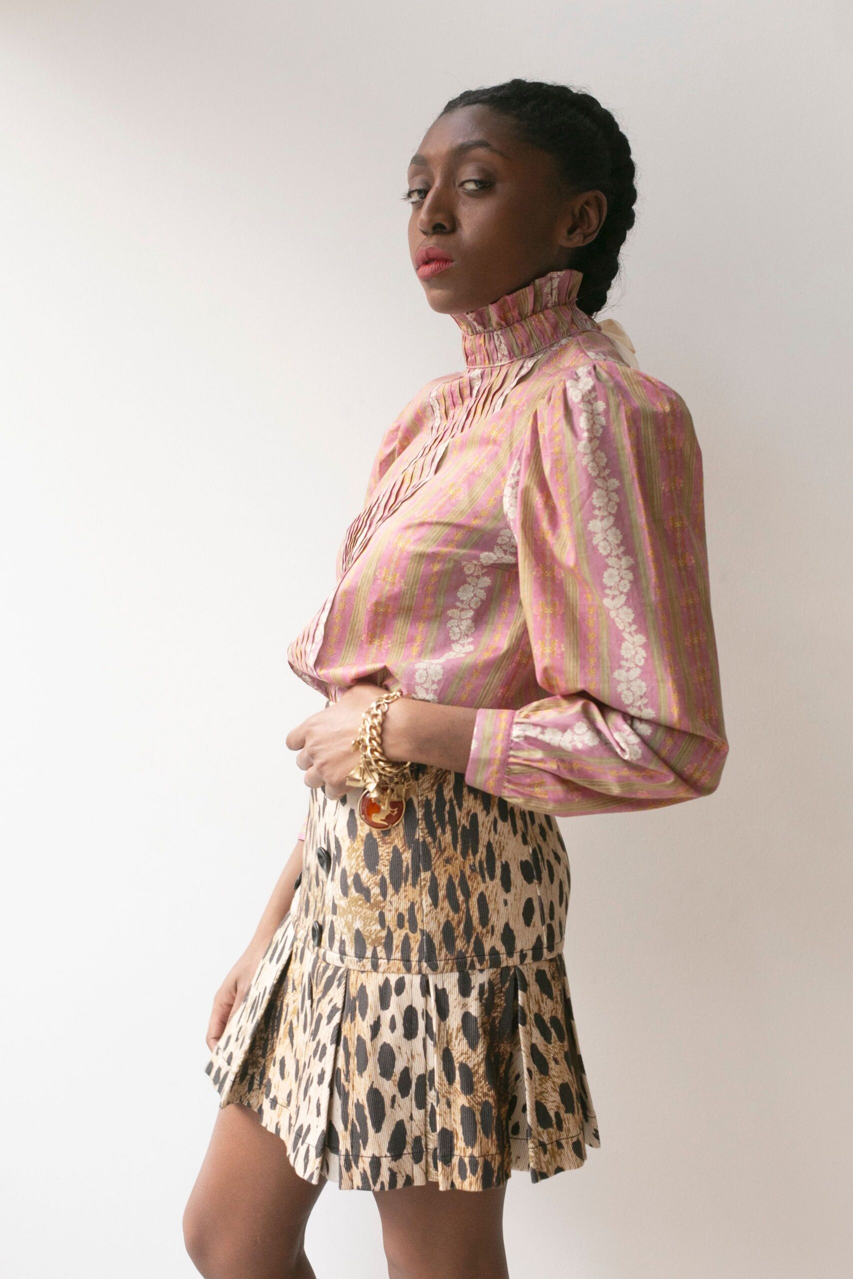 beige cotton fitted flared mini skirt