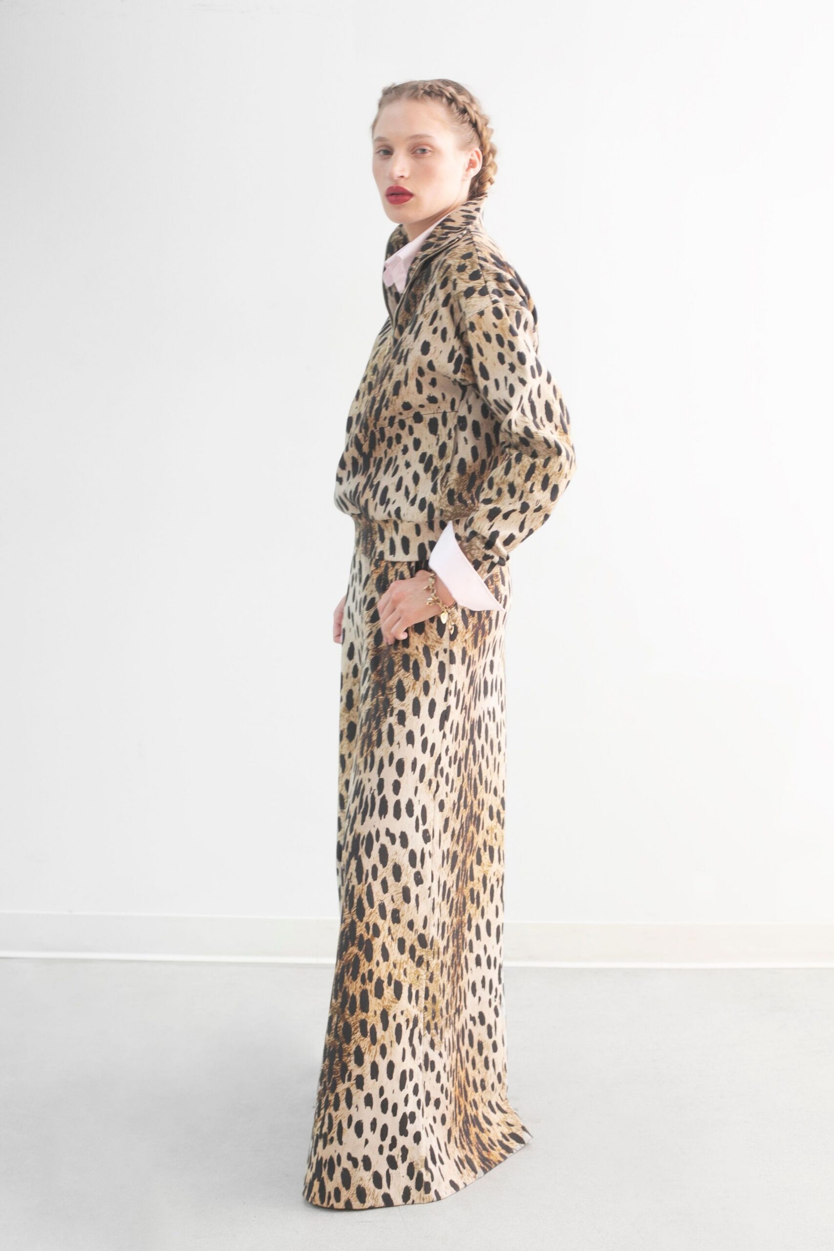 brown beige printed silk suit